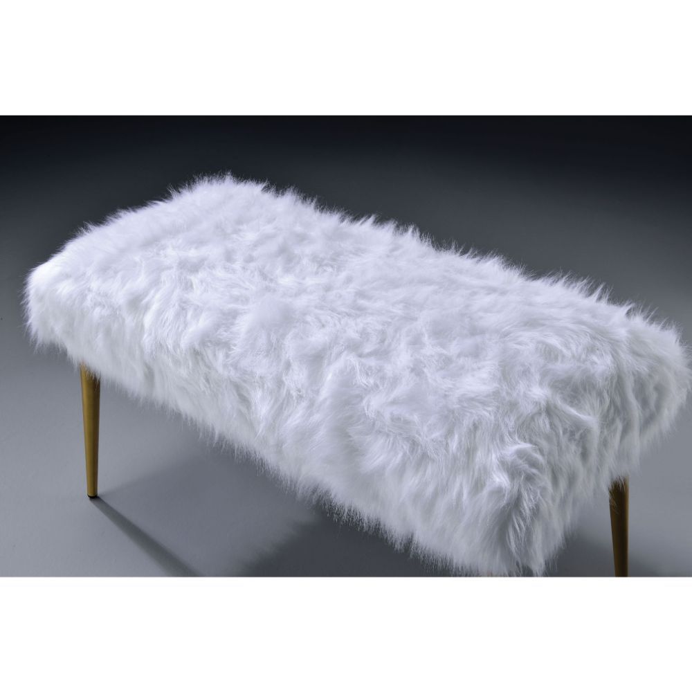 Bagley II - 20" Bench - White Faux Fur & Gold, white