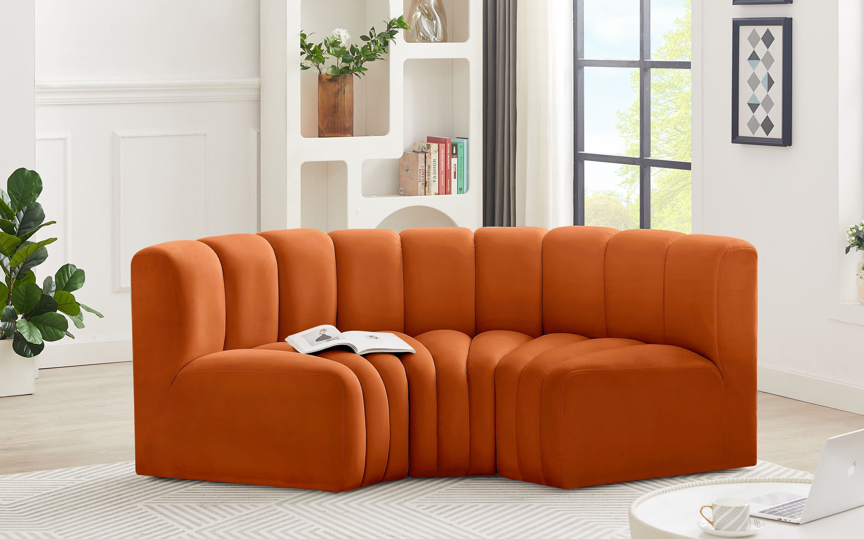 Arc - Velvet 3 Piece Modular U-Shaped Sofa - Cognac