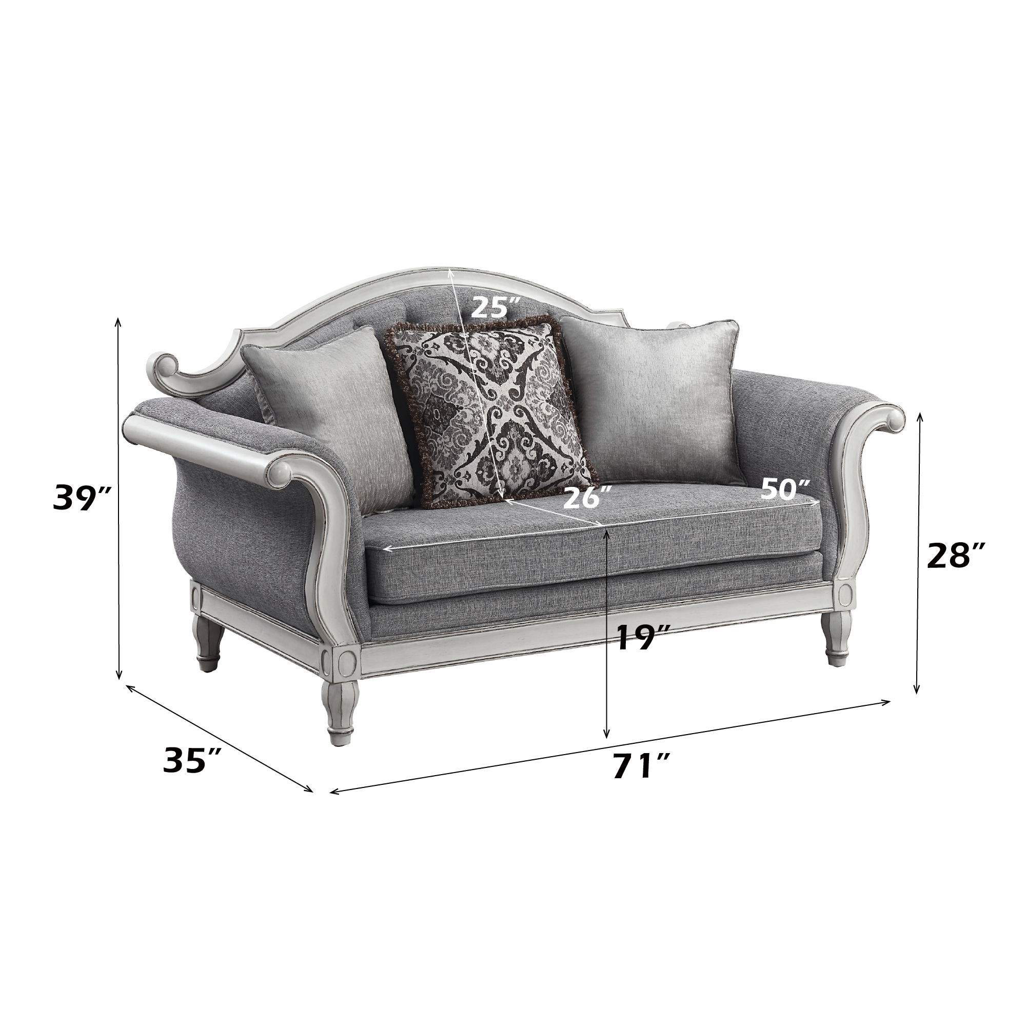Florian - Loveseat With 3 Pillows - Gray Fabric & Antique White, gray, view 7