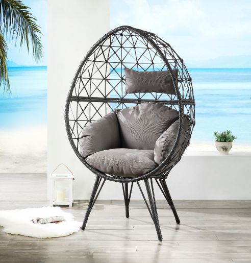 Aeven - Patio Lounge Chair - Light Gray Fabric & Black Wicker, light gray
