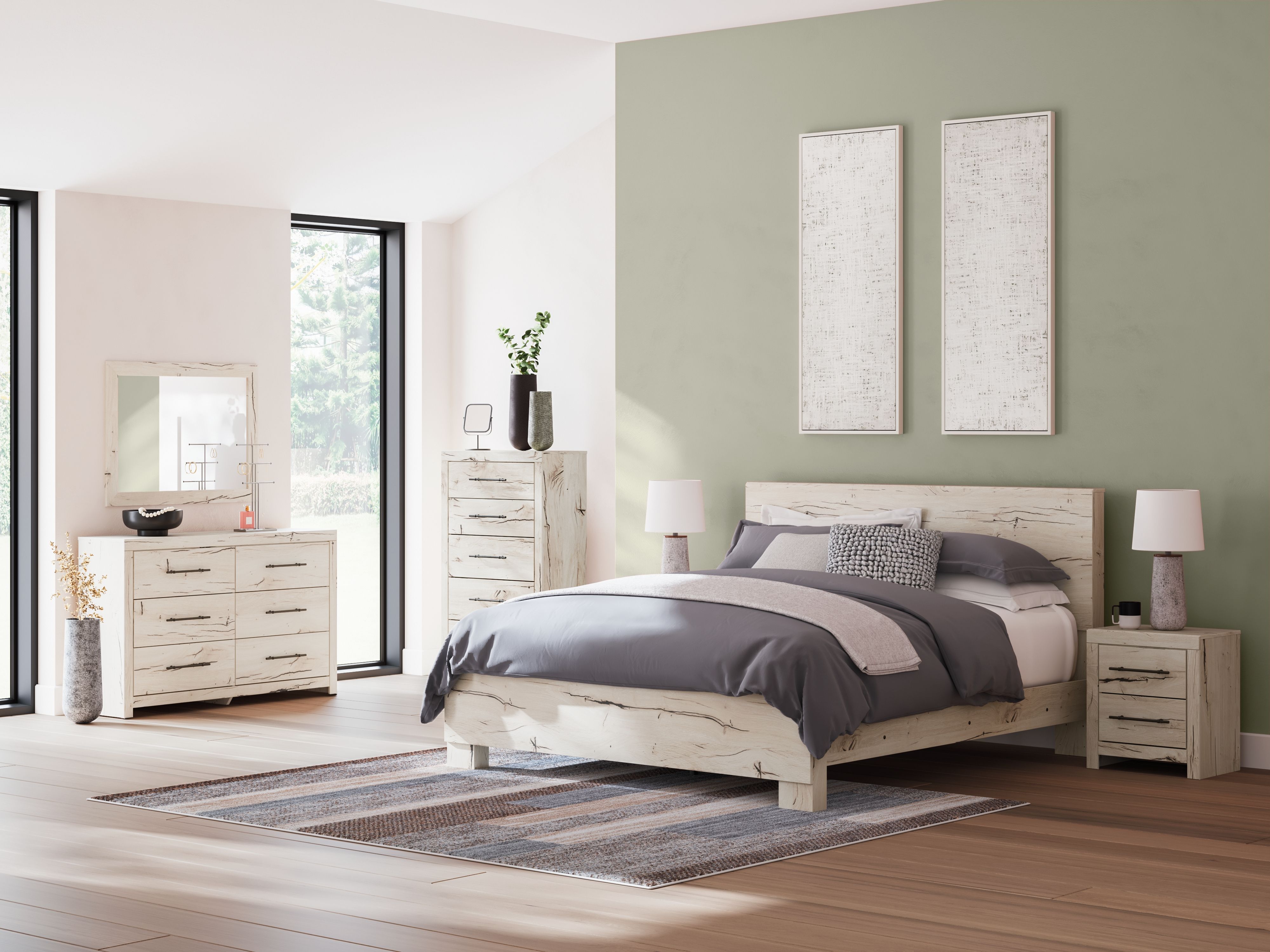 Ashley Lawroy - Light Natural - 6 Pc. - Dresser, Mirror, Chest, King Panel Bed