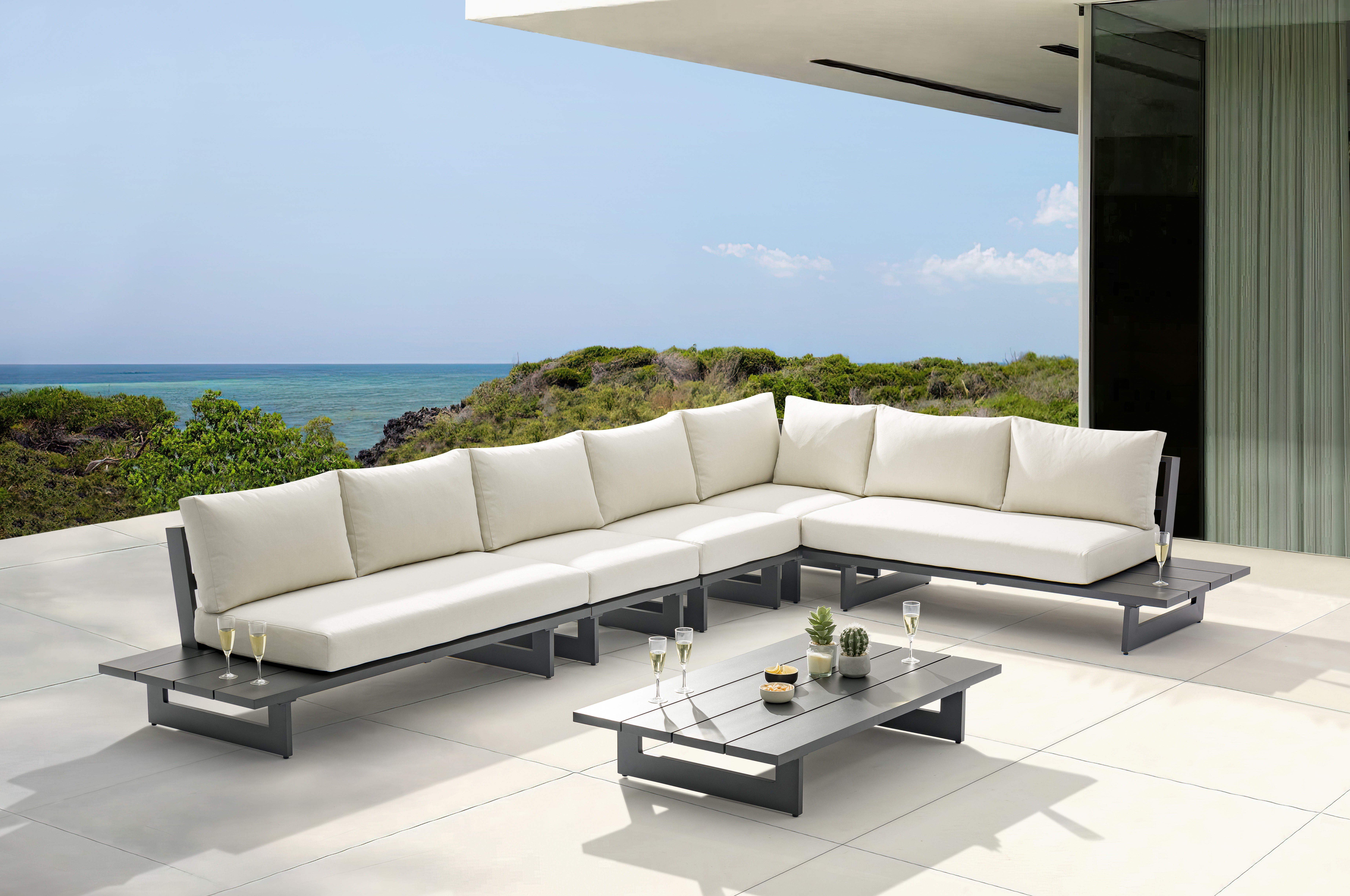 Maldives - 5 Piece Water Resistant Outdoor Patio Modular Right Arm Facing Sectional With Gray Base - Cream
