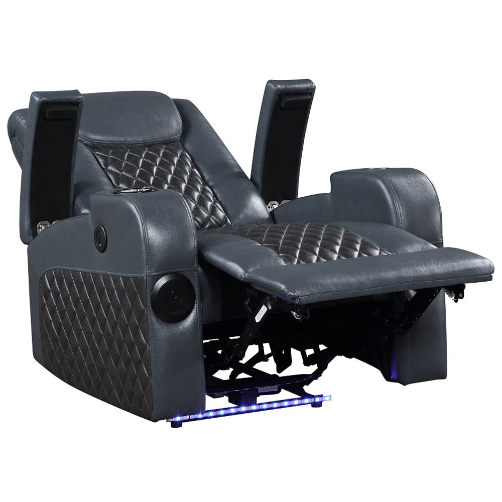 Alair - Power Motion Recliner With Bluetooth, Wireless Charger & Cupholder - Blue & Black Leather Aire, blue, view 6