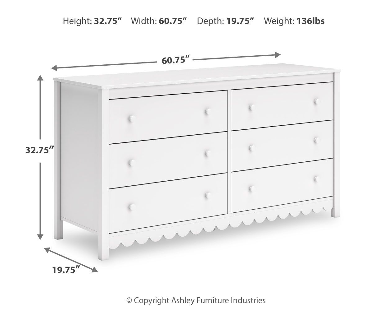 Hallityn - Six Drawer Dresser - White, white, view 4