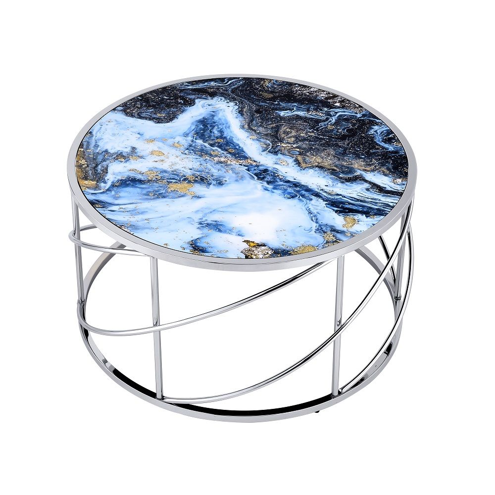 Lyda - Coffee Table - Blue Marble Print & Chrome, blue, view 6