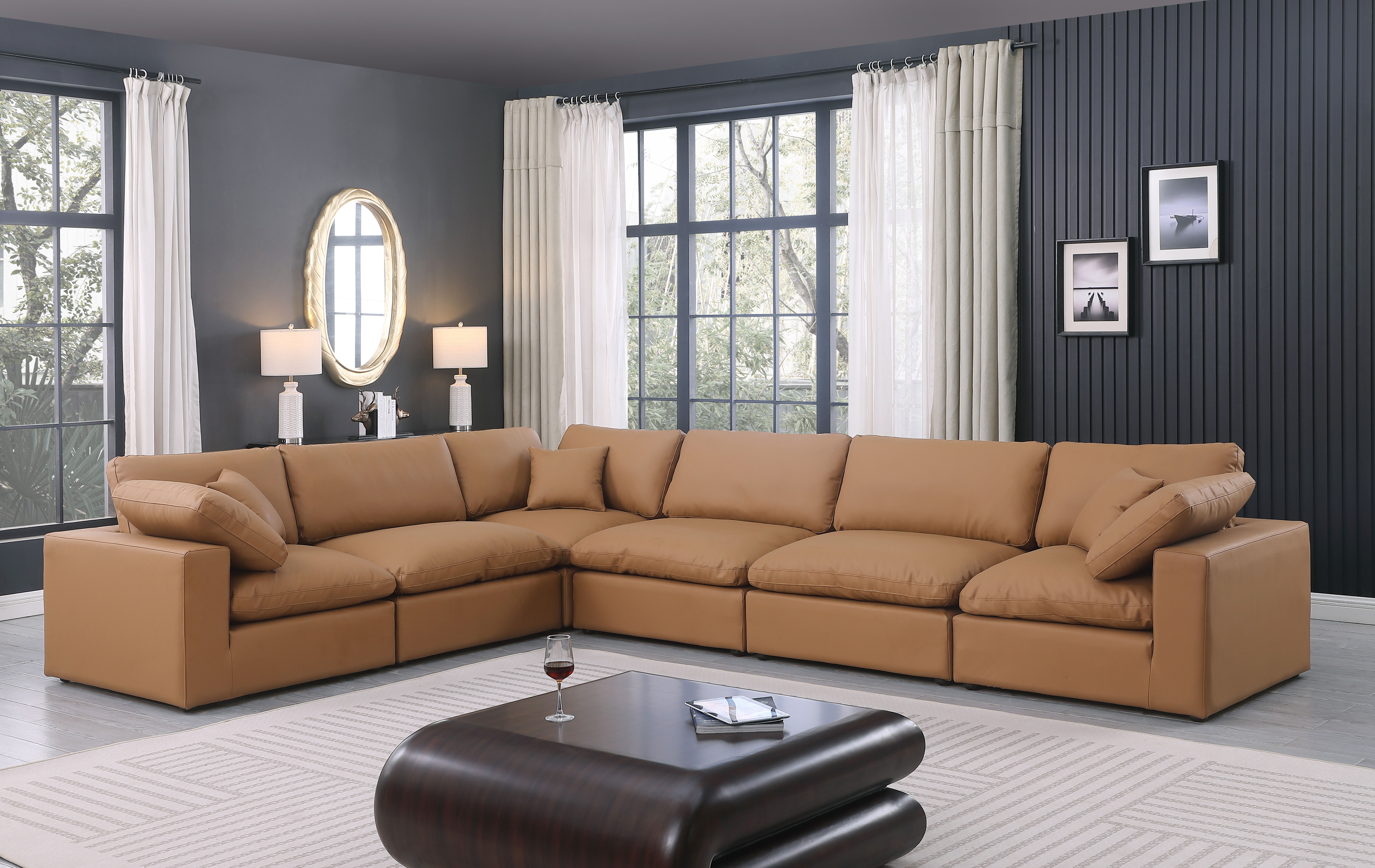 Comfy - 6 Piece Faux Leather Modular Corner Sectional - Cognac