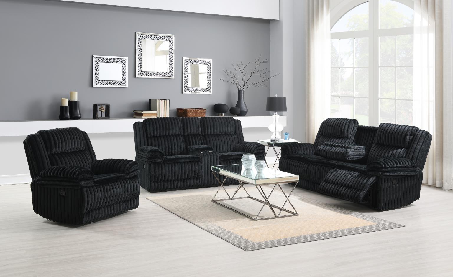 U112 - 3 Piece Living Room Set (Reclining Sofa, Reclining Loveseat And Reclining Chair) - Black