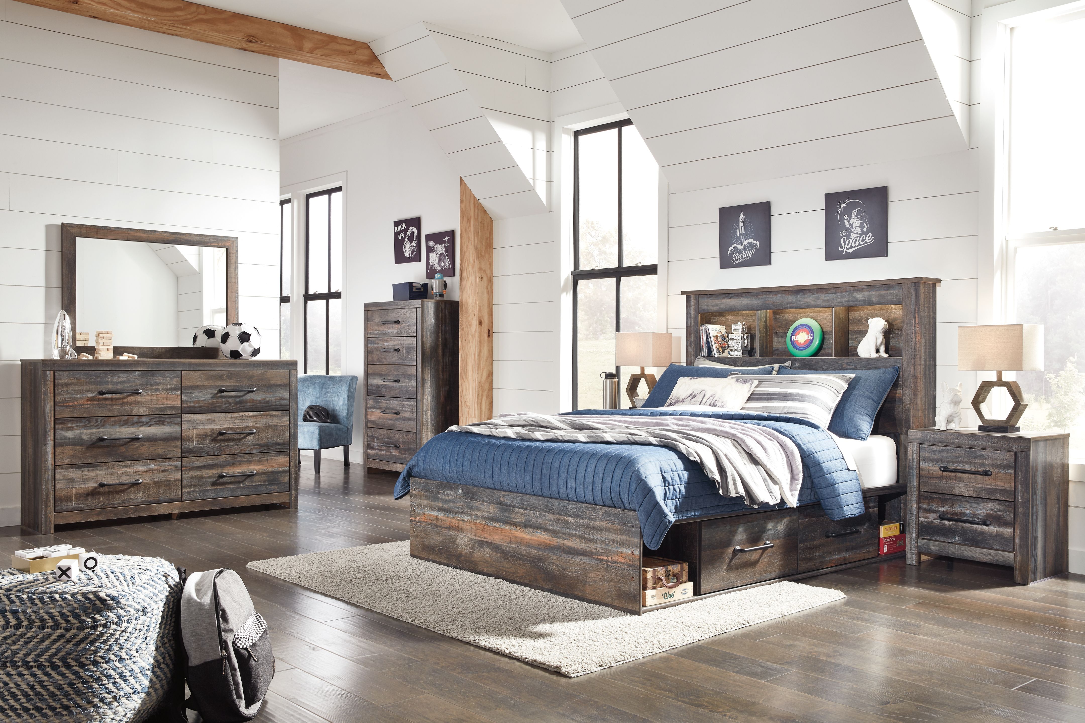 Drystan - Full Bookcase Bed With 4 Storage Drawers - 8 Pc. - Dresser, Mirror, Chest, Full Bed - Multi