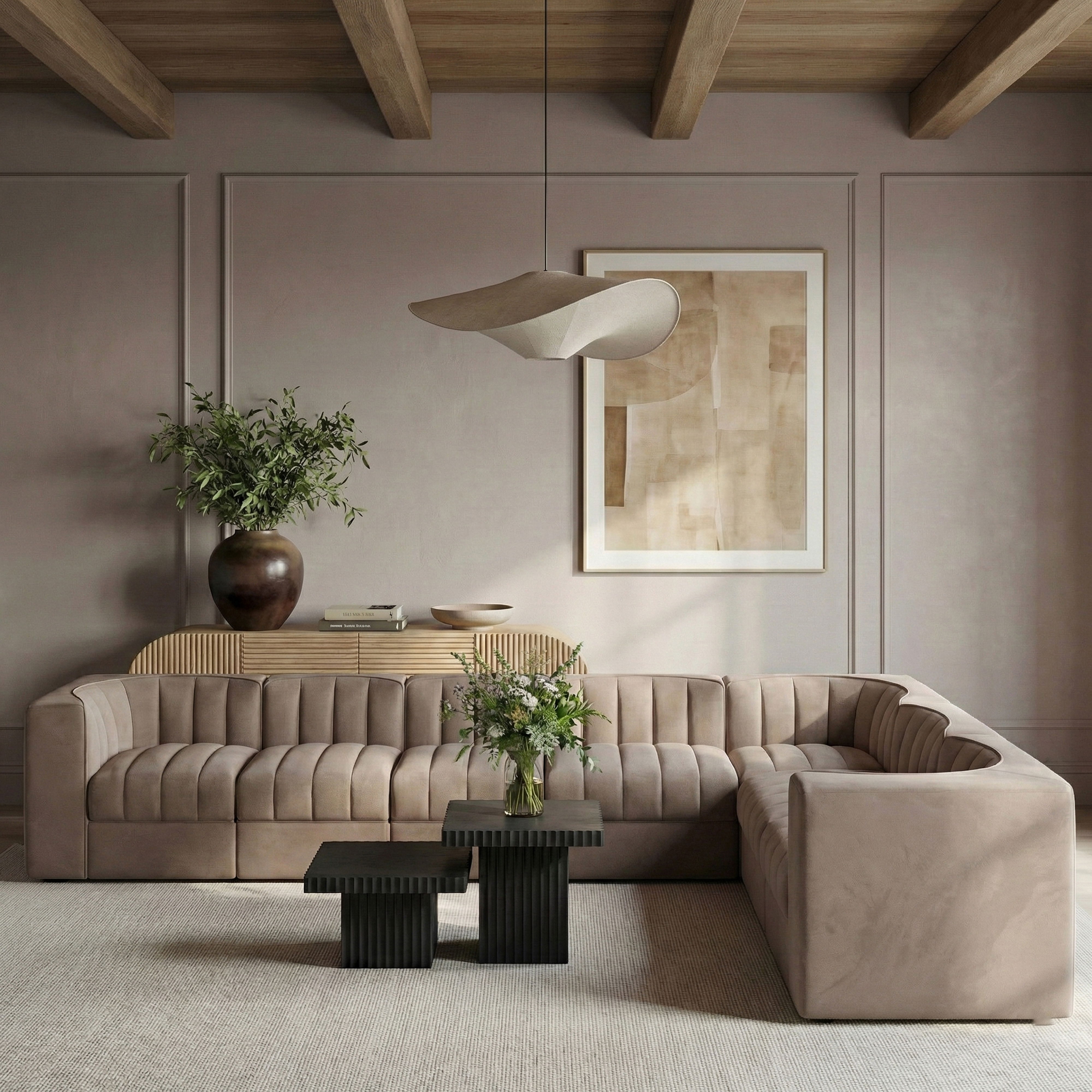 Rummi - Velvet Performance Fabric Upholstered 7 Piece Modular Sectional (With 3 Corner Chairs) - Taupe