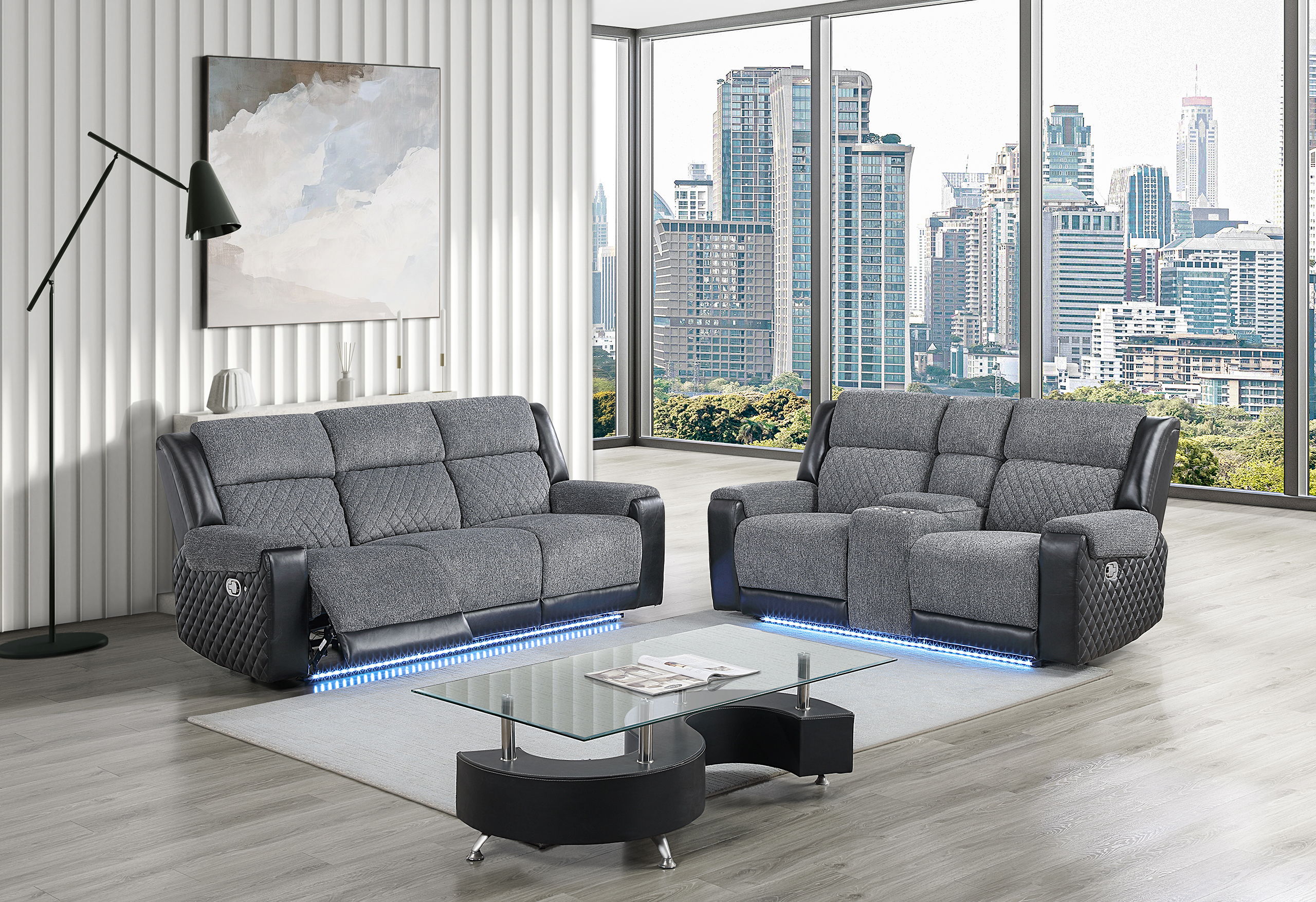 Reclining Sofa And Console Reclining Loveseat With Immersive Sound And Blue LED