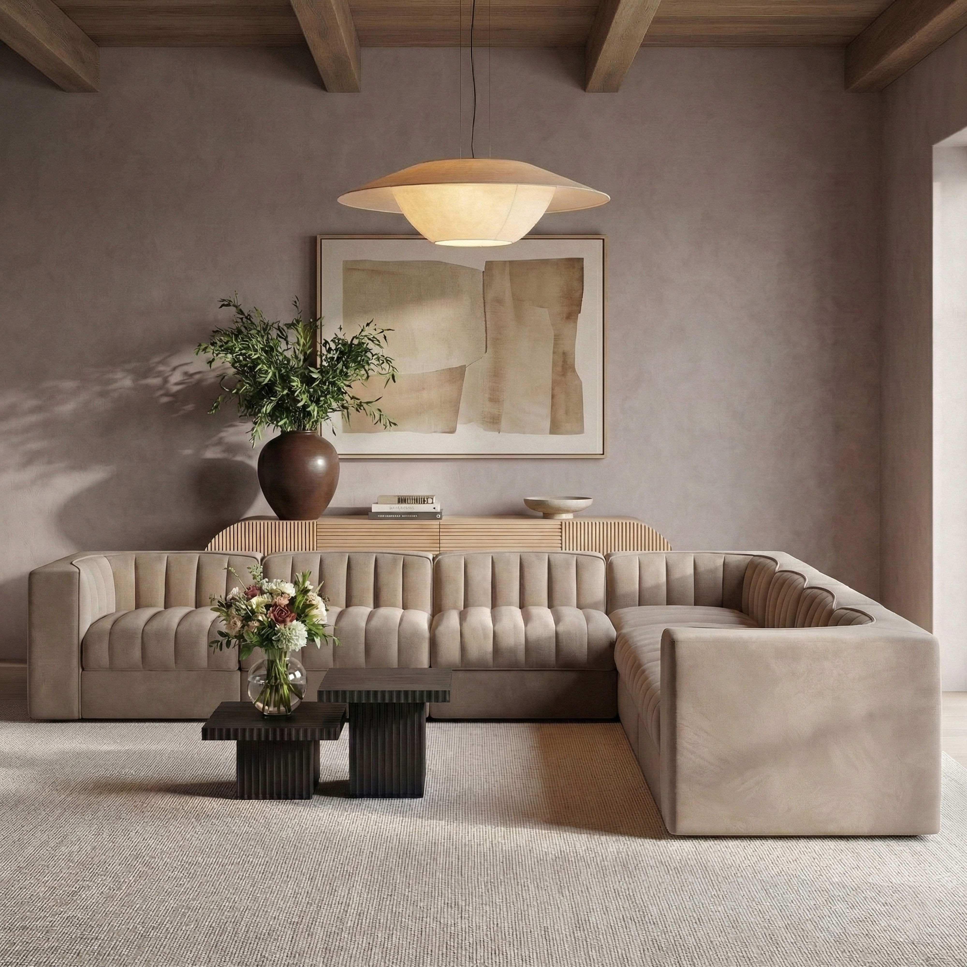 Rummi - Symmetrical Velvet Performance Fabric Upholstered 7 Piece Modular Sectional (With 3 Corner Chairs) - Taupe