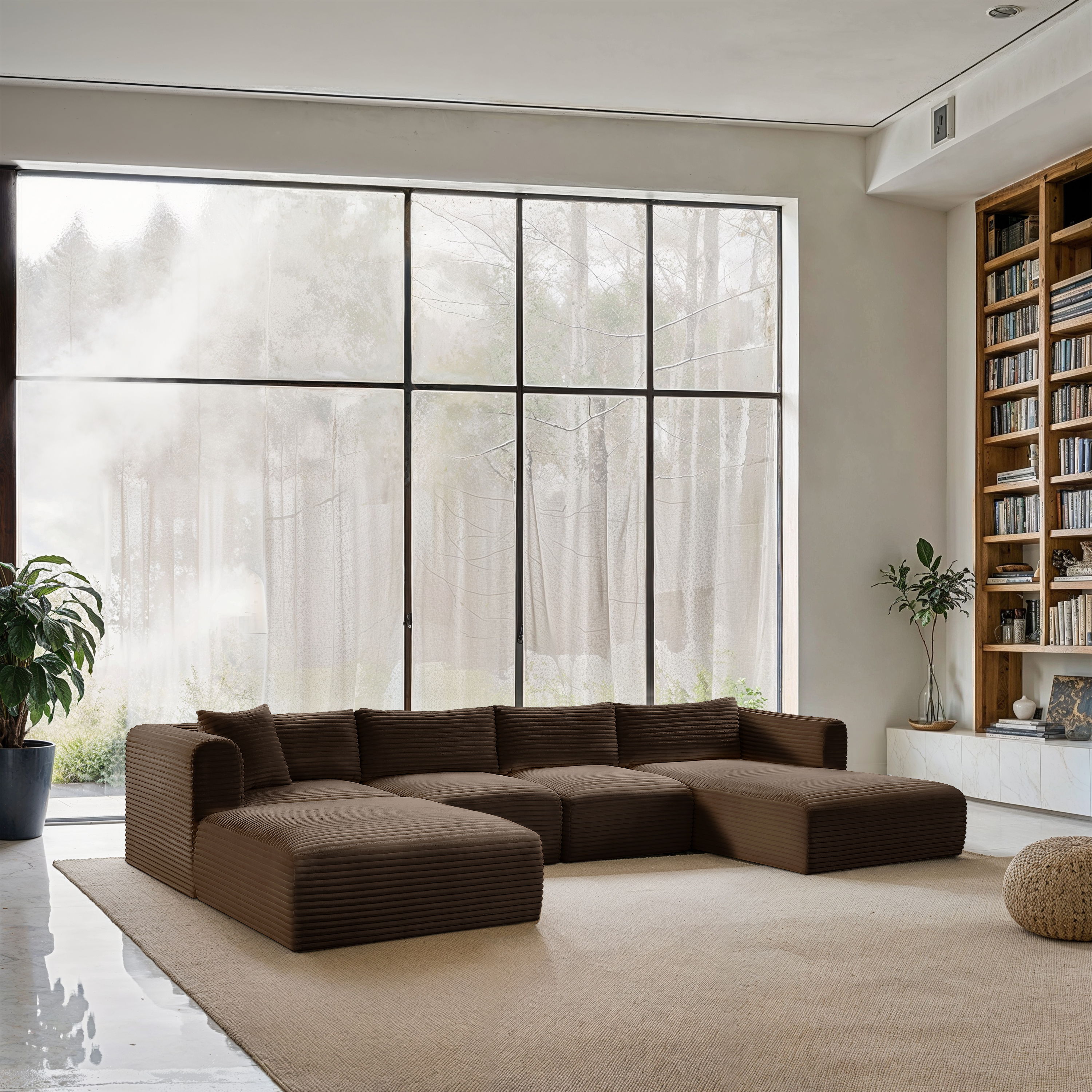 Shaggy - 5 Piece Modular Sectional With Chaise And Ottoman - Brown