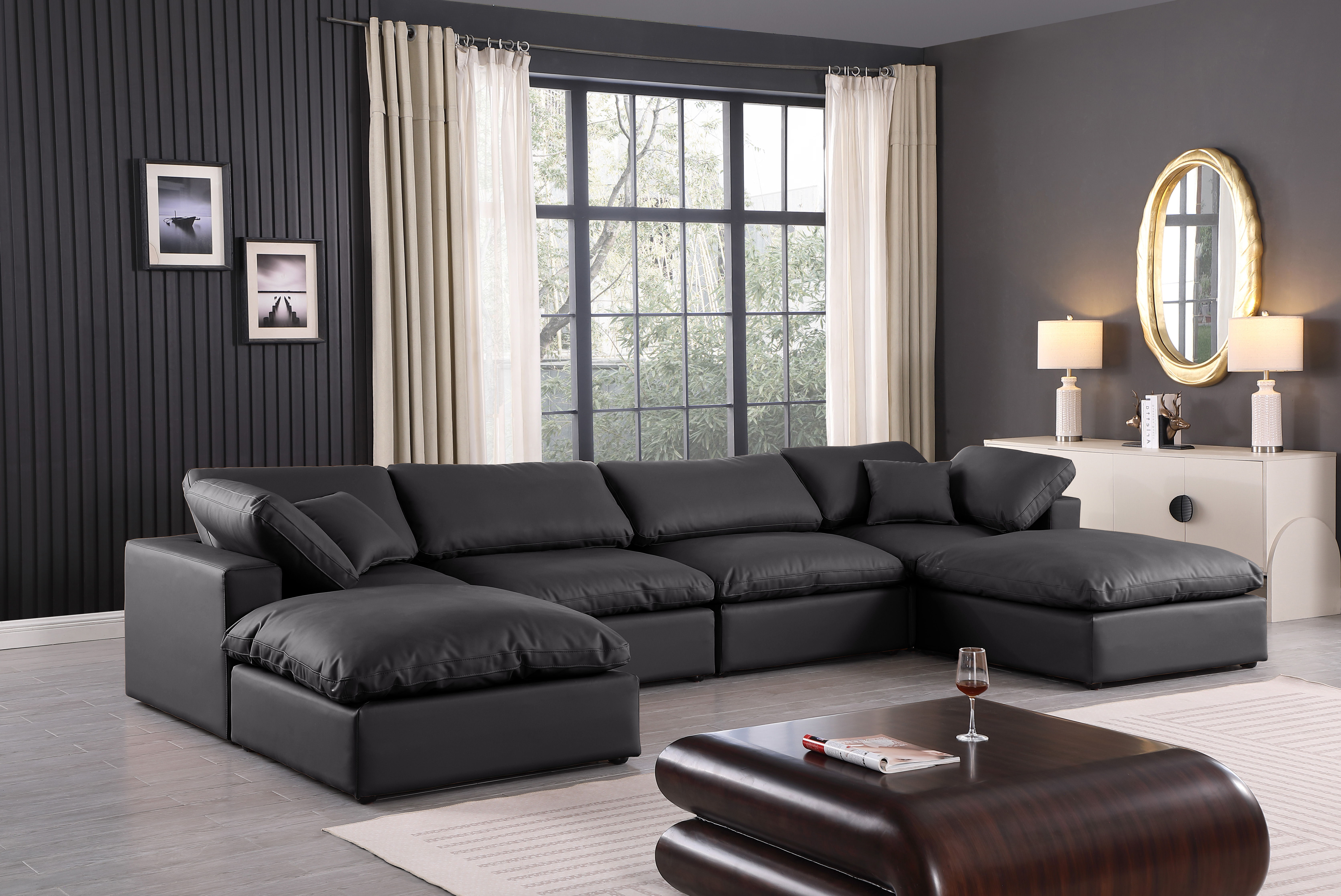 Comfy - 6 Piece Faux Leather Modular Double Chaise Sectional - Charcoal