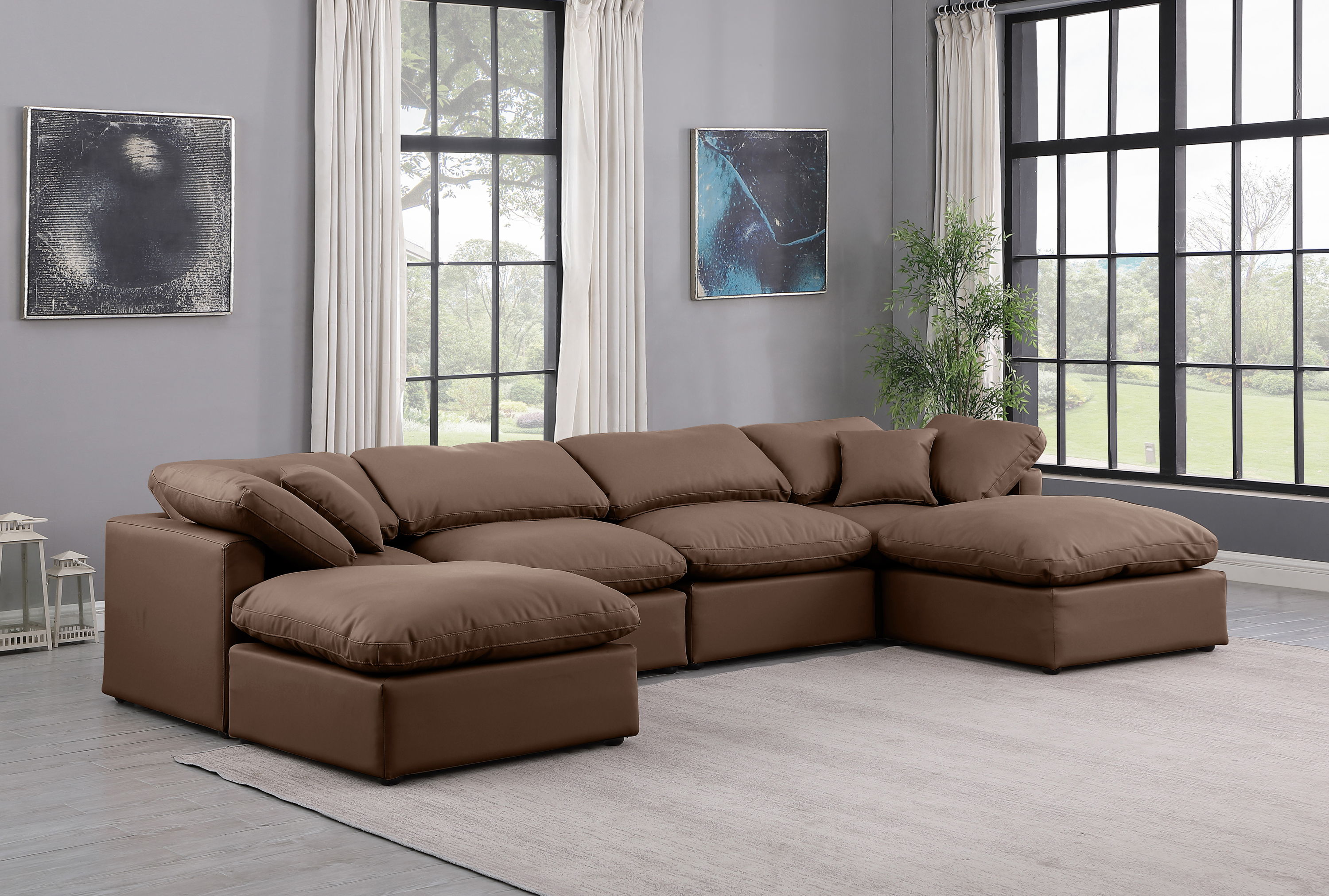 Indulge - Faux Leather 6 Piece Modular Double Chaise Sectional - Brown