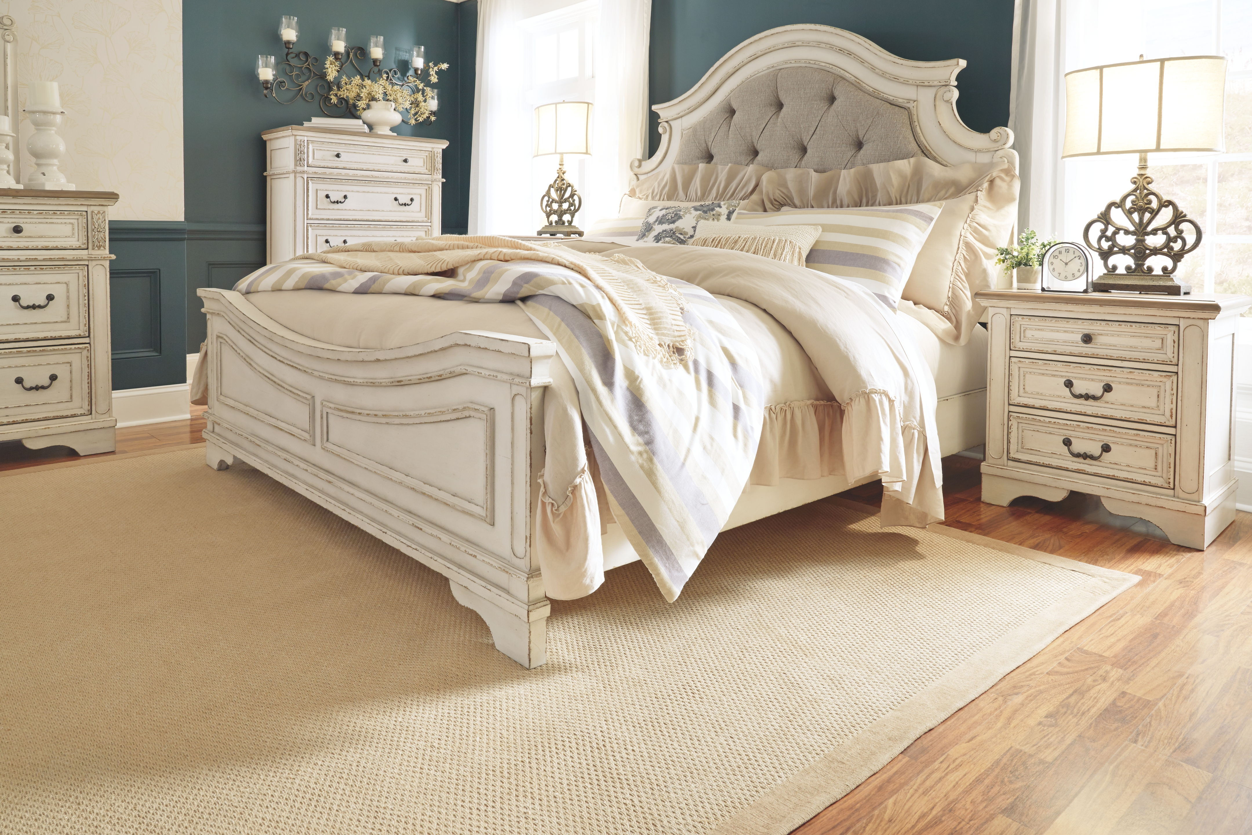 Ashley Furniture Realyn - 6 Pc. - Dresser, Mirror, Chest, California King Upholstered Panel Bed - Two-tone - Image 2