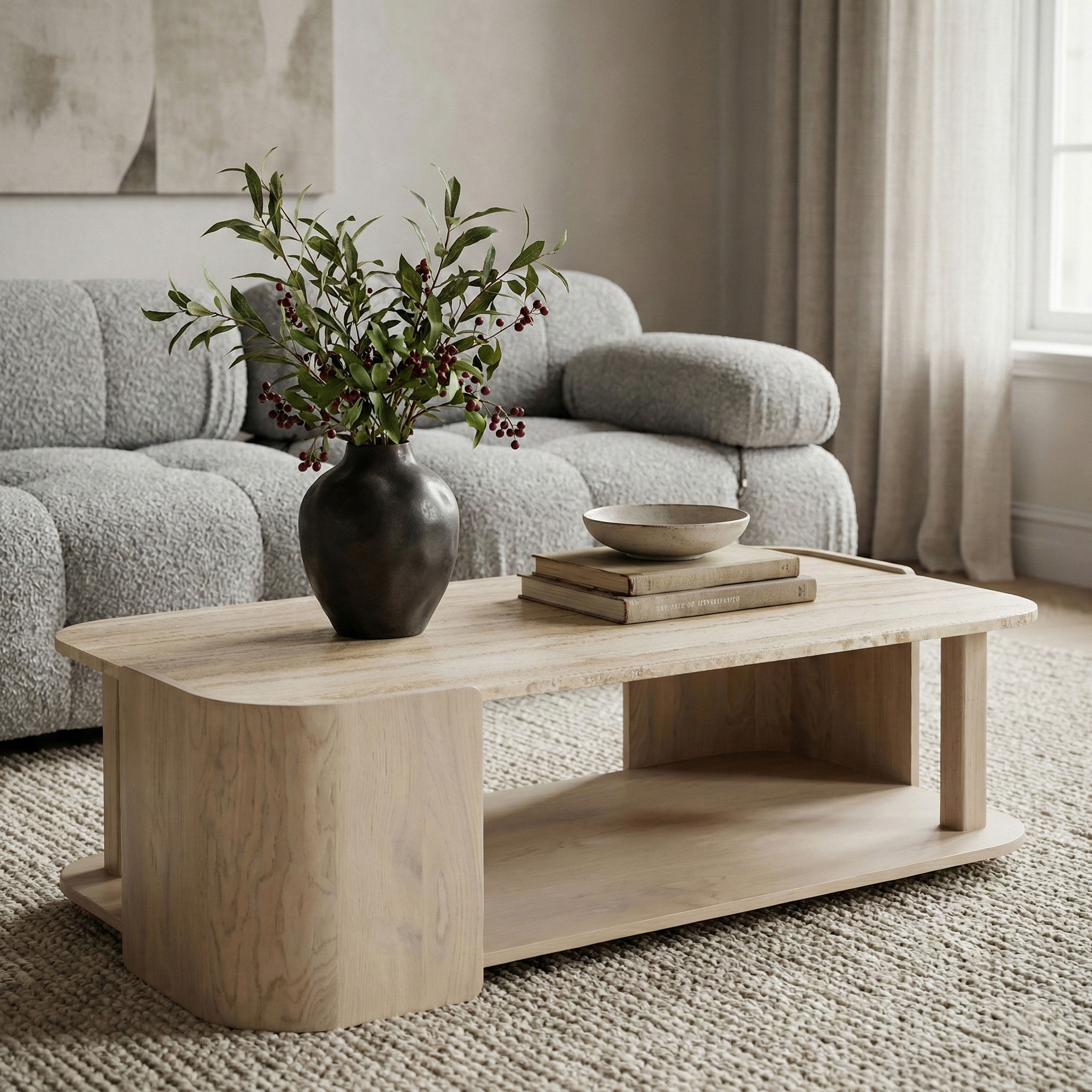 Calabria - Marble And Oak Wood Coffee Table - Beige / Cream