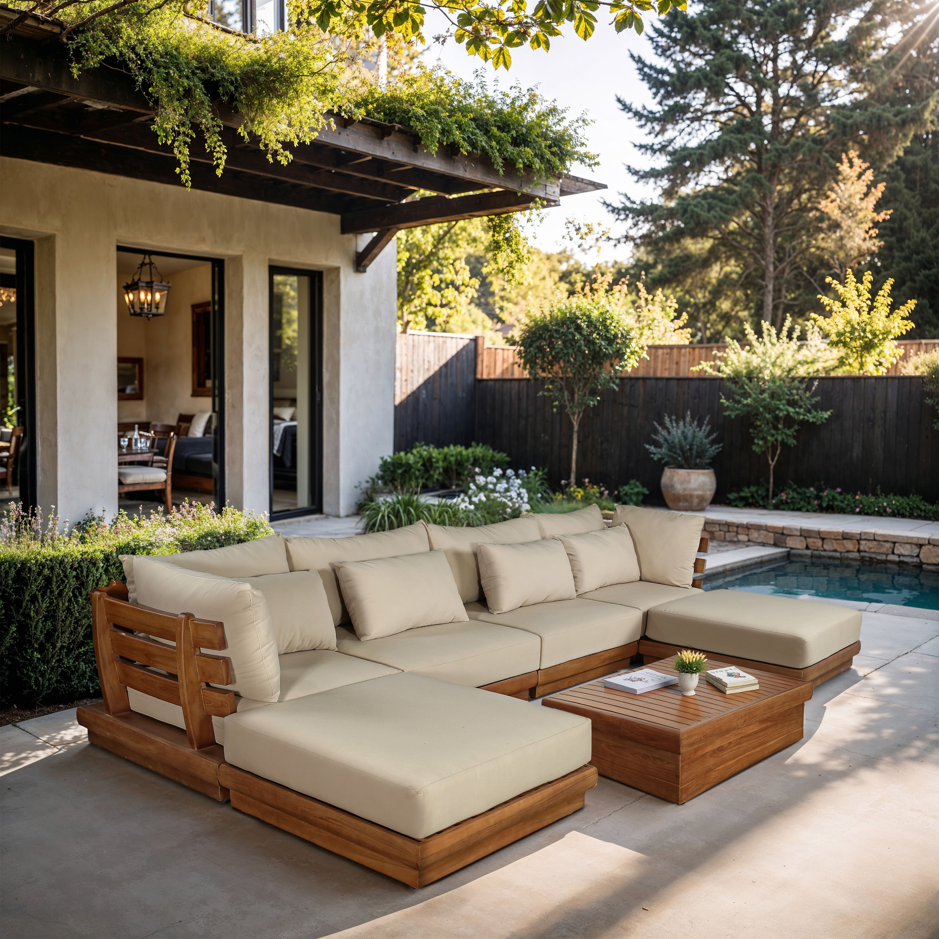 Mirella - 6 Piece Water Resistant Fabric Upholstered Outdoor Patio Modular Sectional - Tan