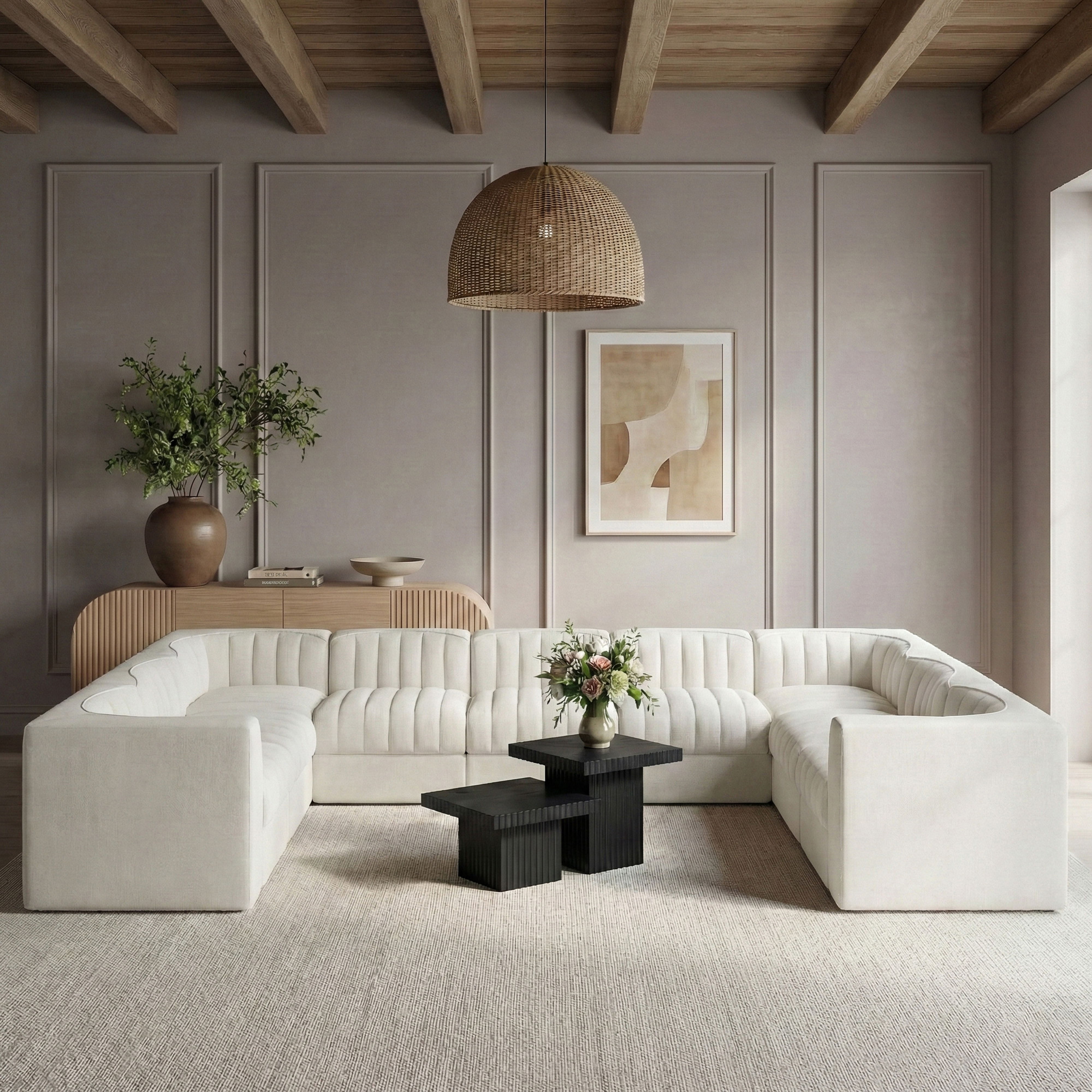 Rummi - Velvet Performance Fabric Upholstered 9 Piece Modular Sectional - Cream