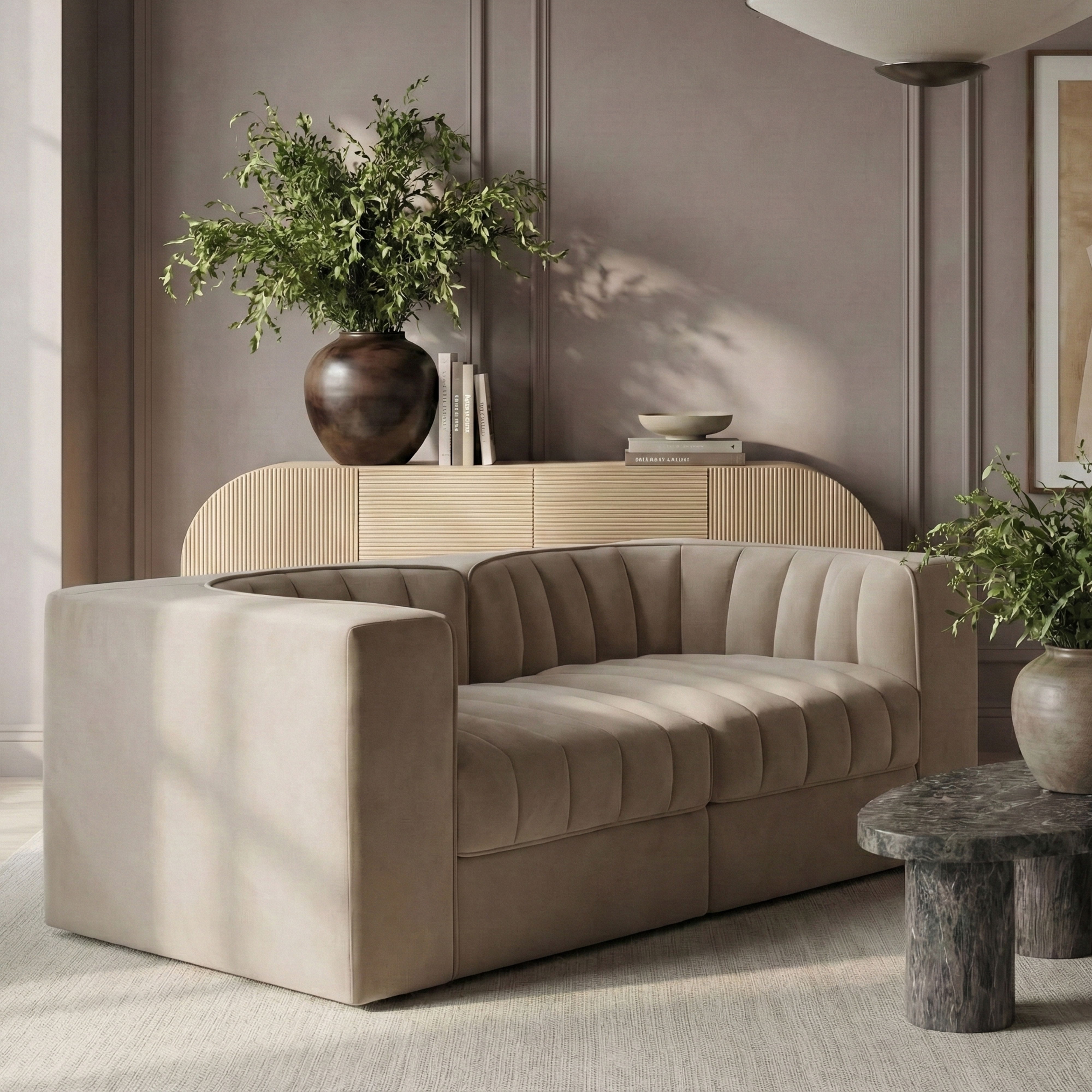 Rummi - Velvet Performance Fabric Upholstered 2 Piece Modular Loveseat With Arms - Beige