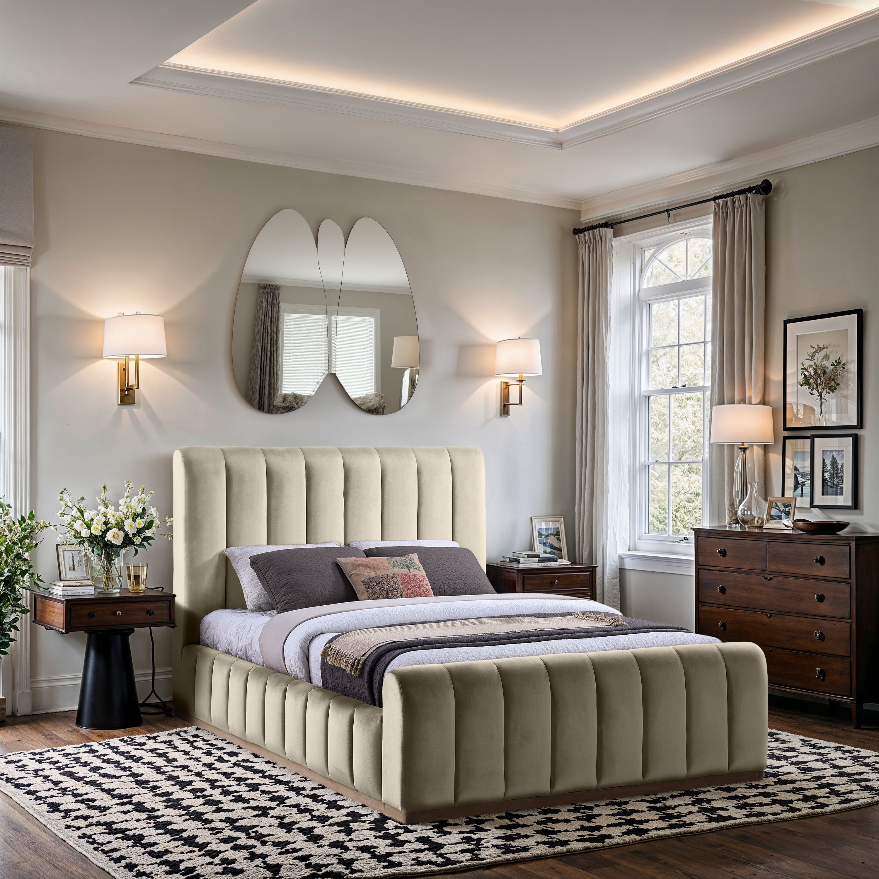 Amara - Velvet Queen Bed - Cream
