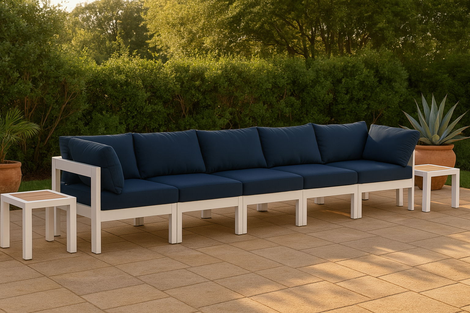 Nizuc - Outdoor Patio 5 Piece Modular Sofa With White Frame - Navy