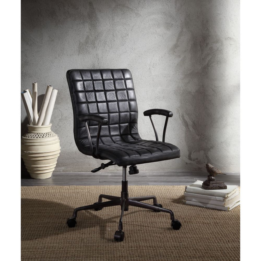 Barack - Office Chair - Vintage Black Top Grain Leather & Aluminum, black