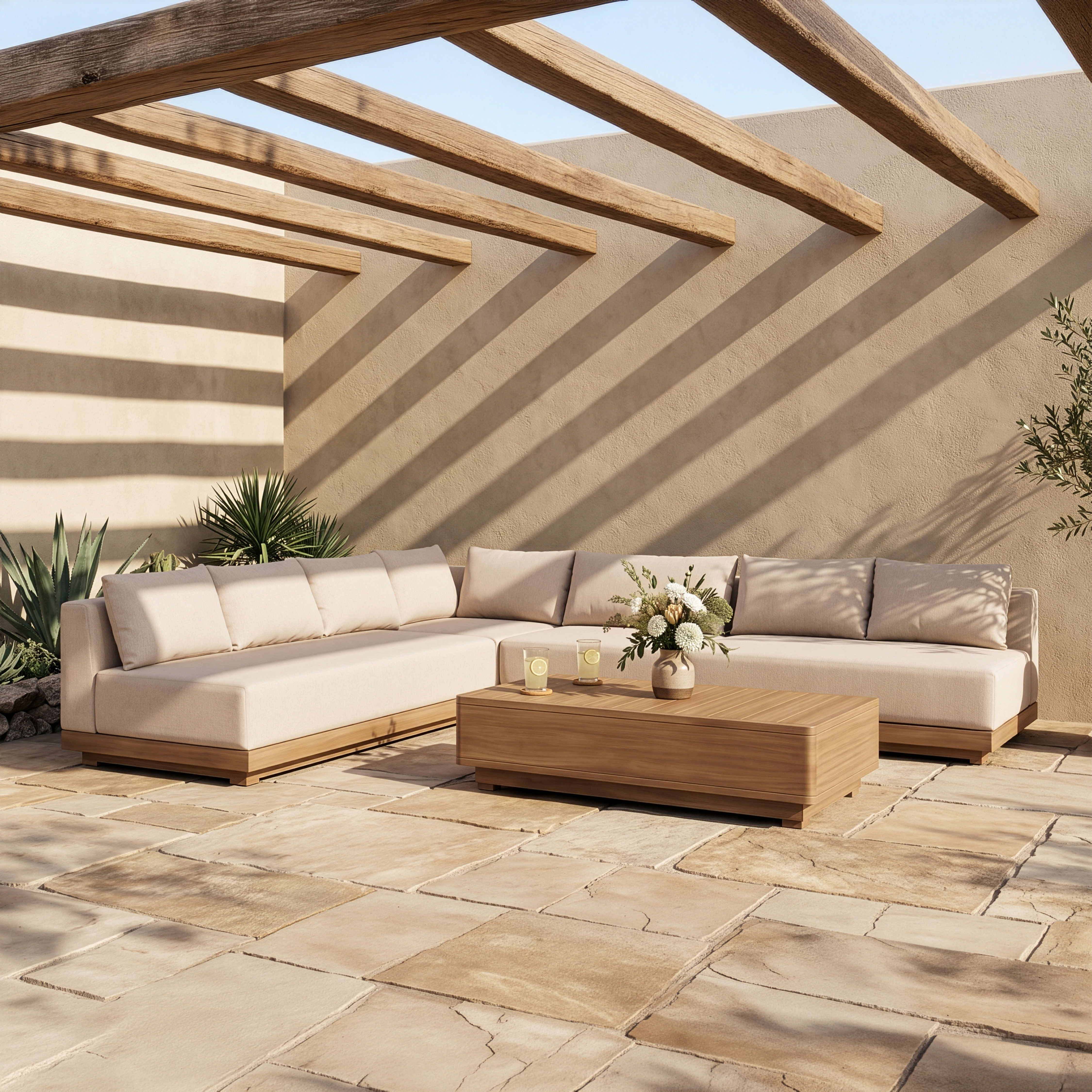 Solace - Olefin Performance Fabric 4 Piece Outdoor Patio Modular Sectional - Beige