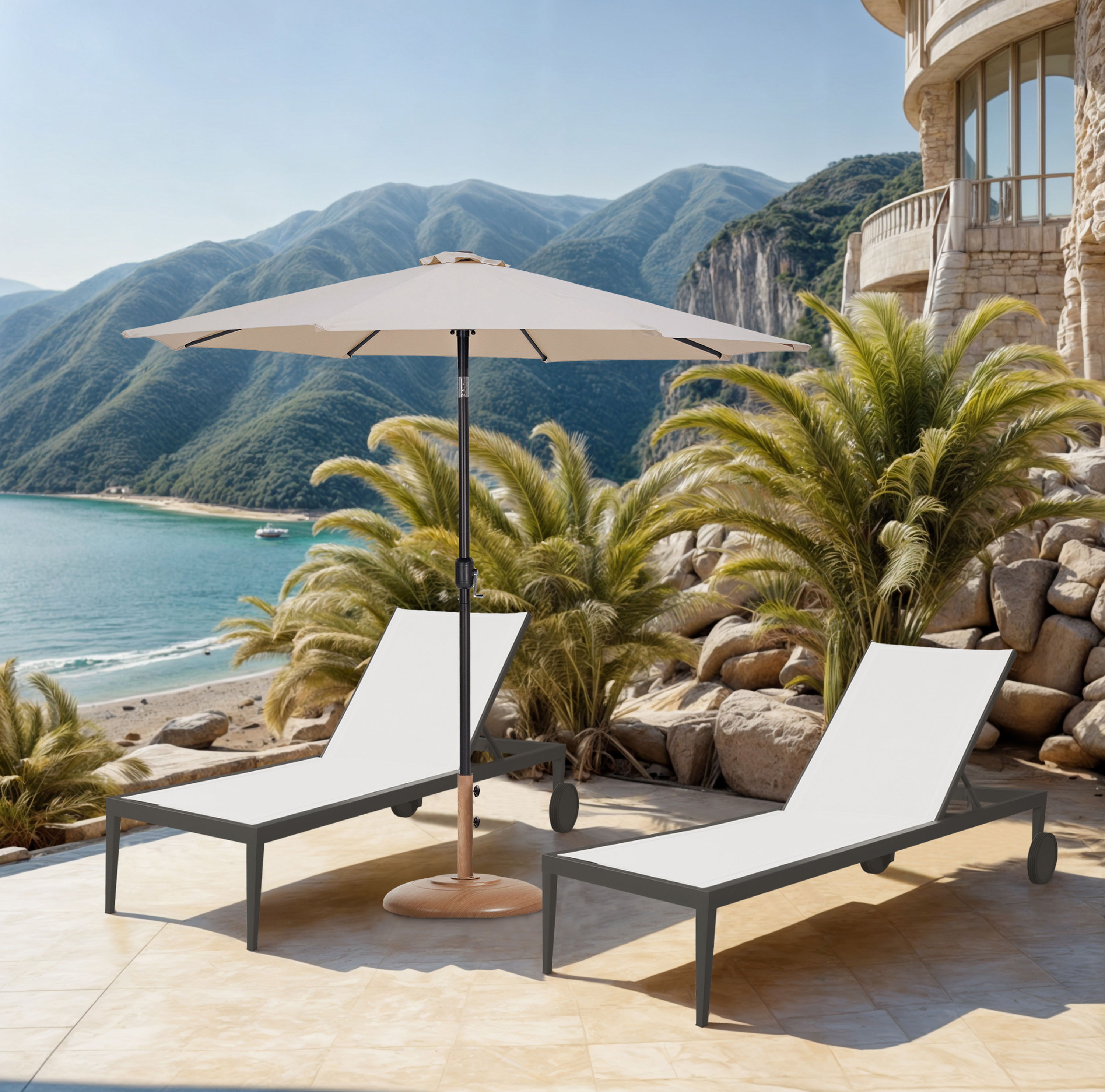 Fiji - Aluminum Patio Umbrella With Round Teak And Black Base - Beige