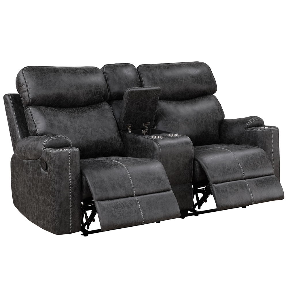 Hirah - Motion Loveseat With Console & USB Port - Dark Gray Polish Microfiber, dark gray, view 2