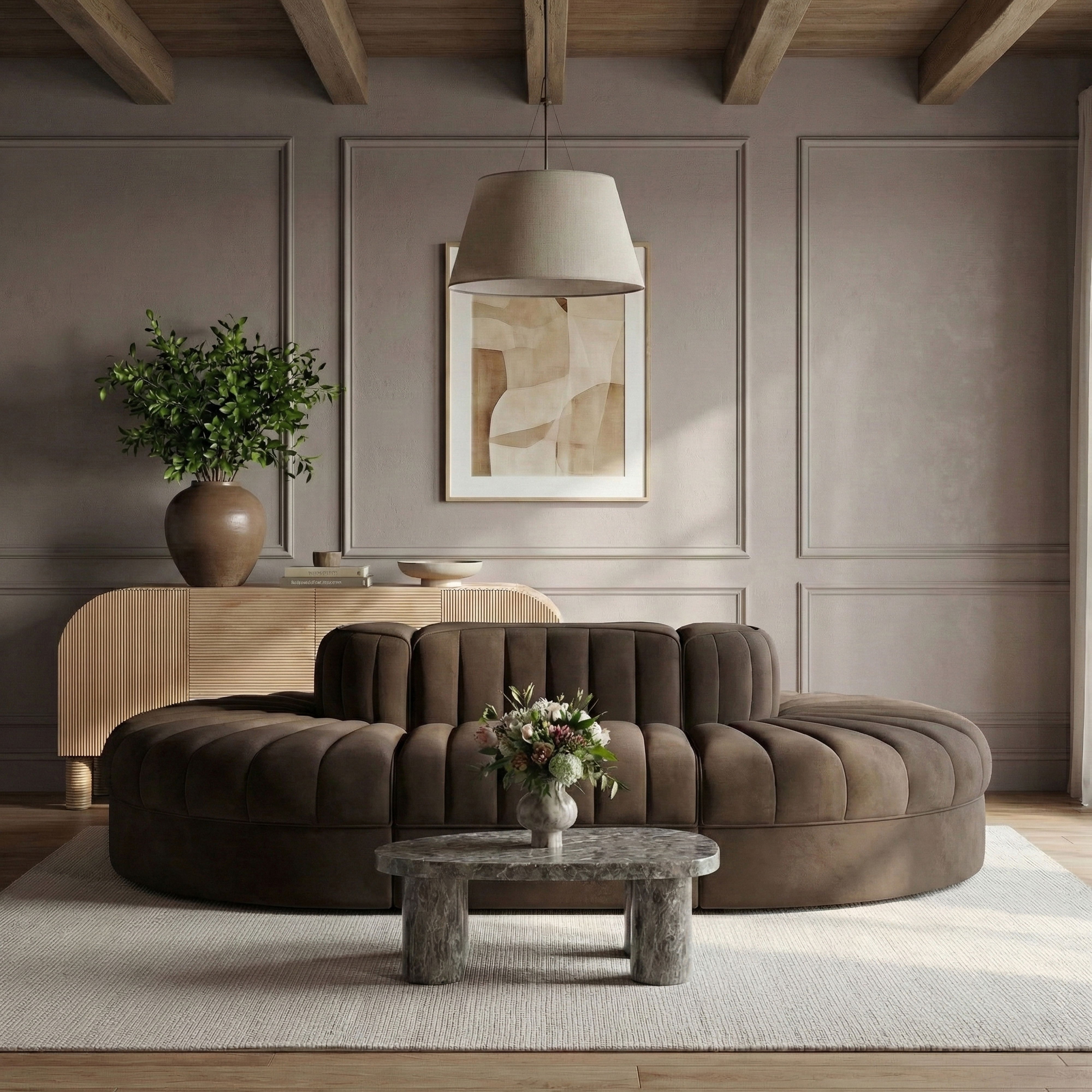 Rummi - Oval Velvet Performance Fabric Upholstered 6 Piece Modular Sectional - Brown