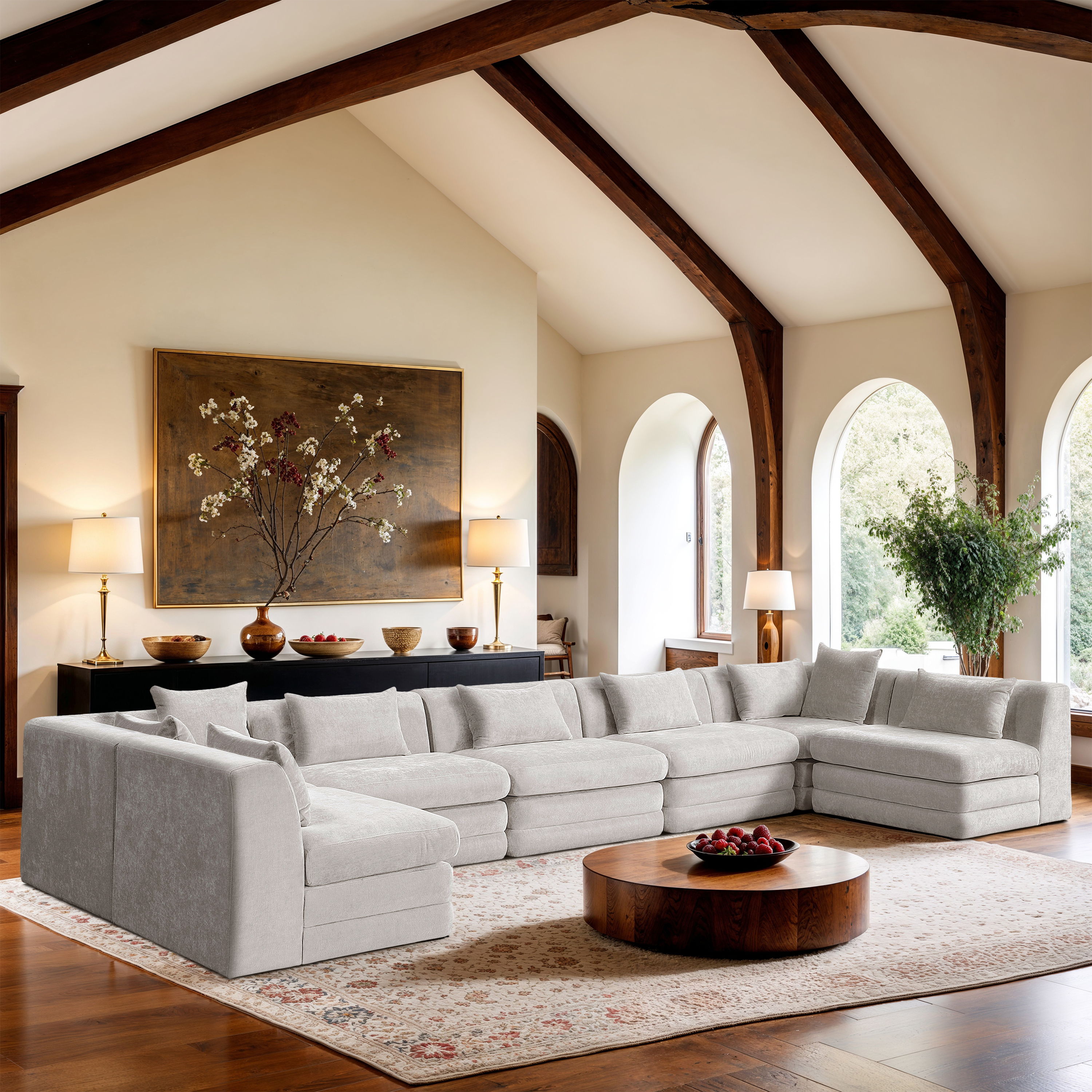 Stellar - 7 Piece Chenille Fabric 190" Upholstered Modular Sectional - Cream