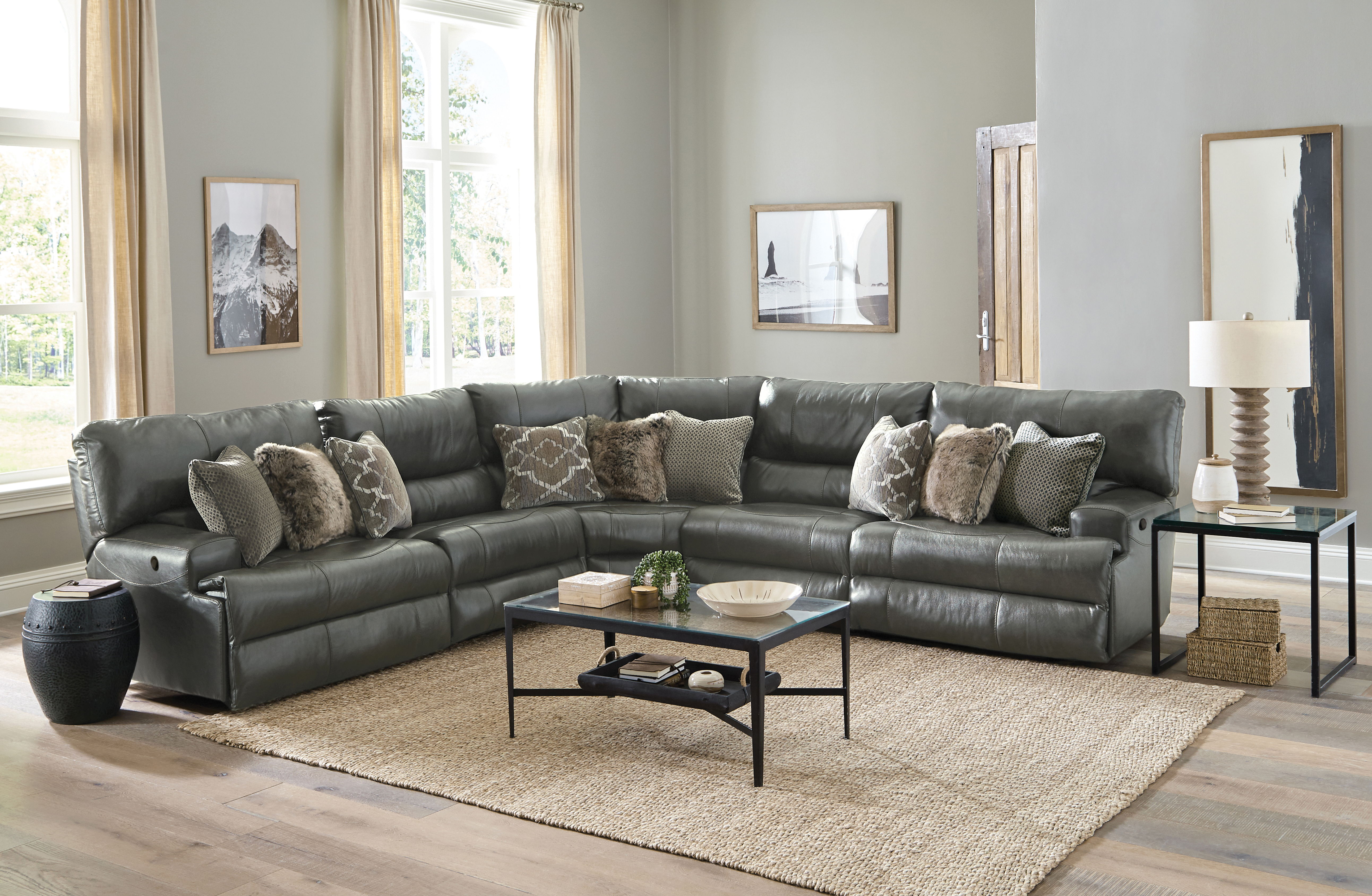 5 Pc · Italian Leather Match Manual Reclining Sectional With 2 Reclining Seats