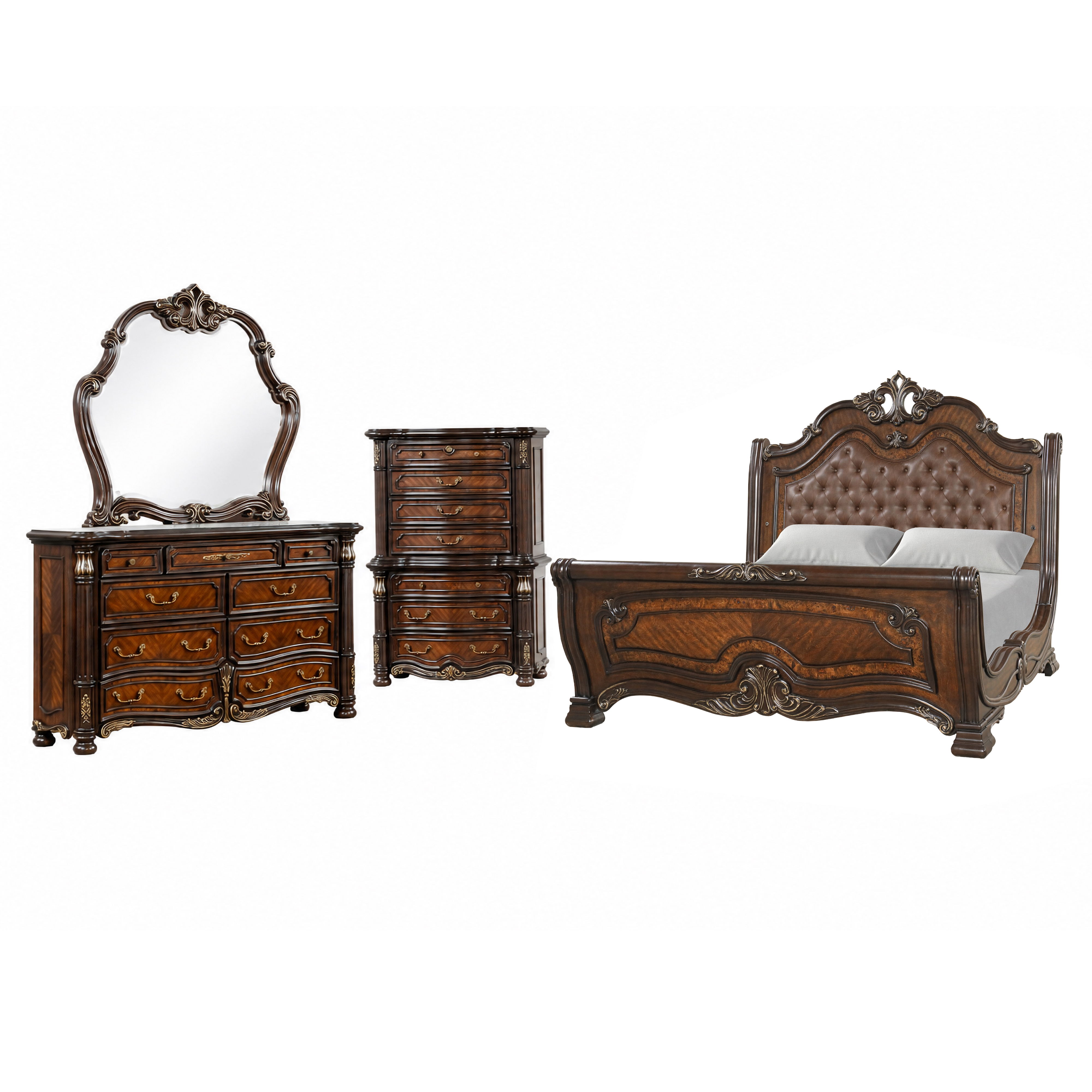 Bella Notte - 5/0 Queen 4 Piece Bedroom Set (Padded Sleigh Bed, Dresser, Mirror, Chest) - Cherry