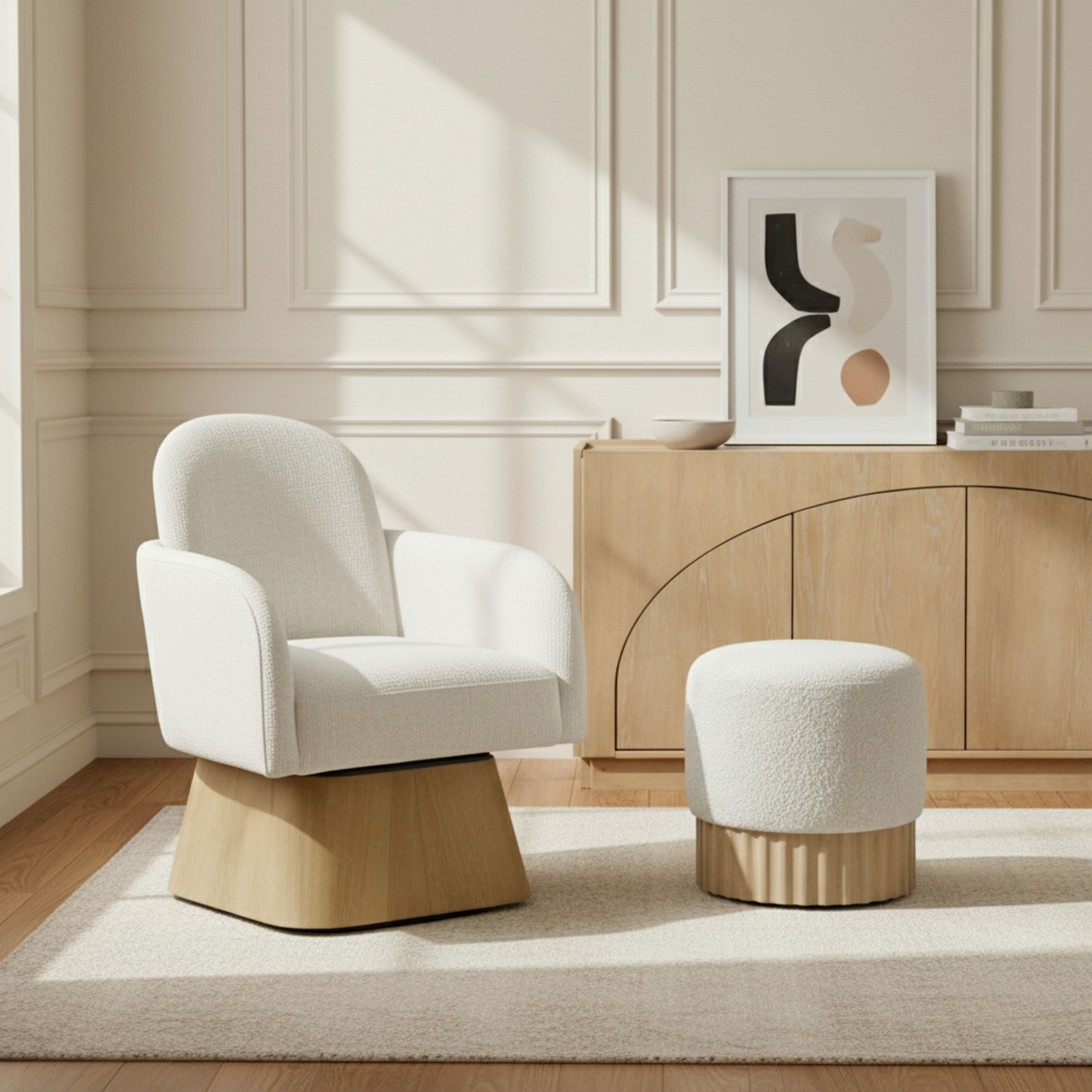 Marlowe - Linen Textured Fabric Upholstered Swivel Accent Chair - Cream / Stained Natural