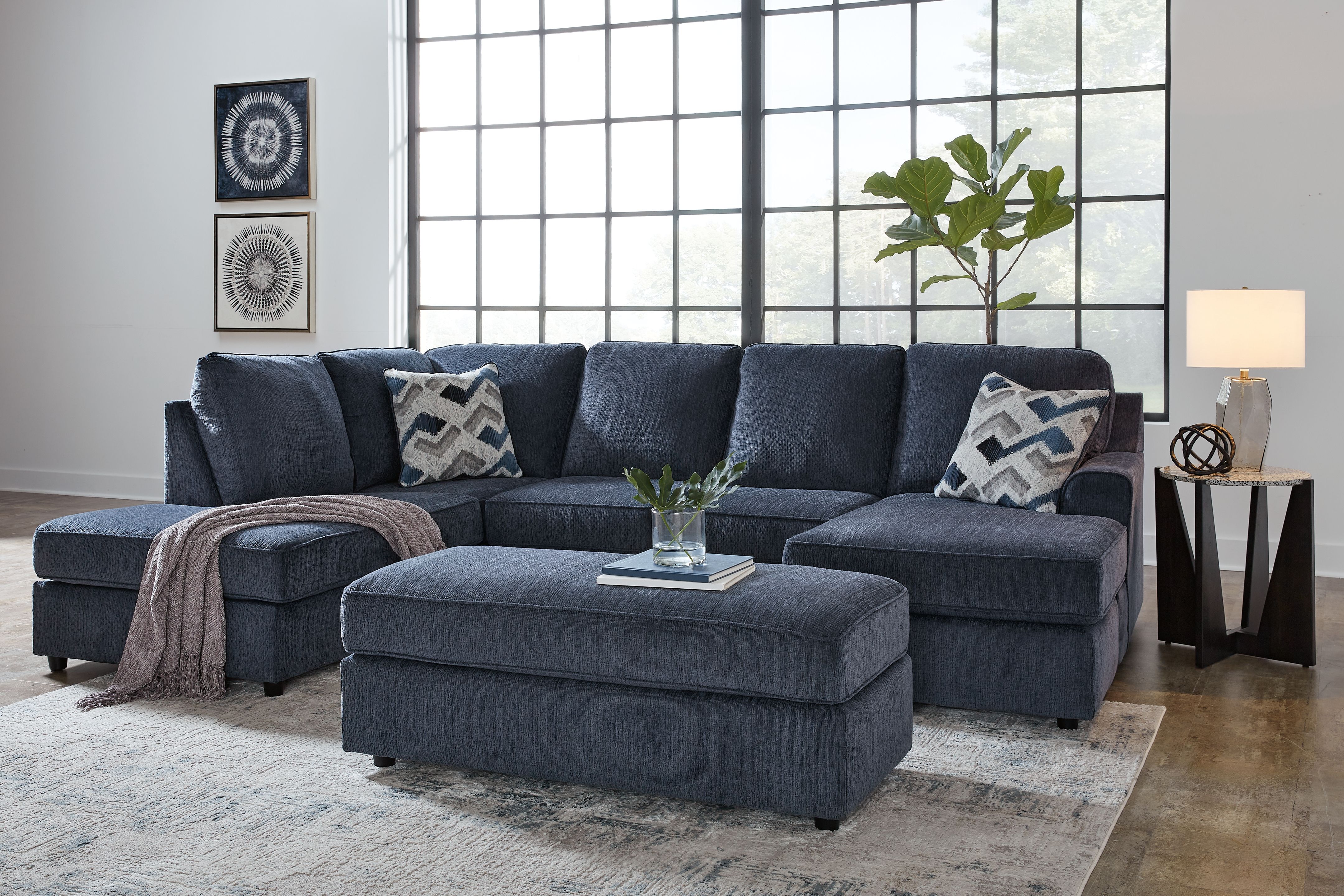 Ashley Albar Place - Cobalt - 3 Pc. - 2-Piece Sectional With Raf Sofa Chaise, Ottoman