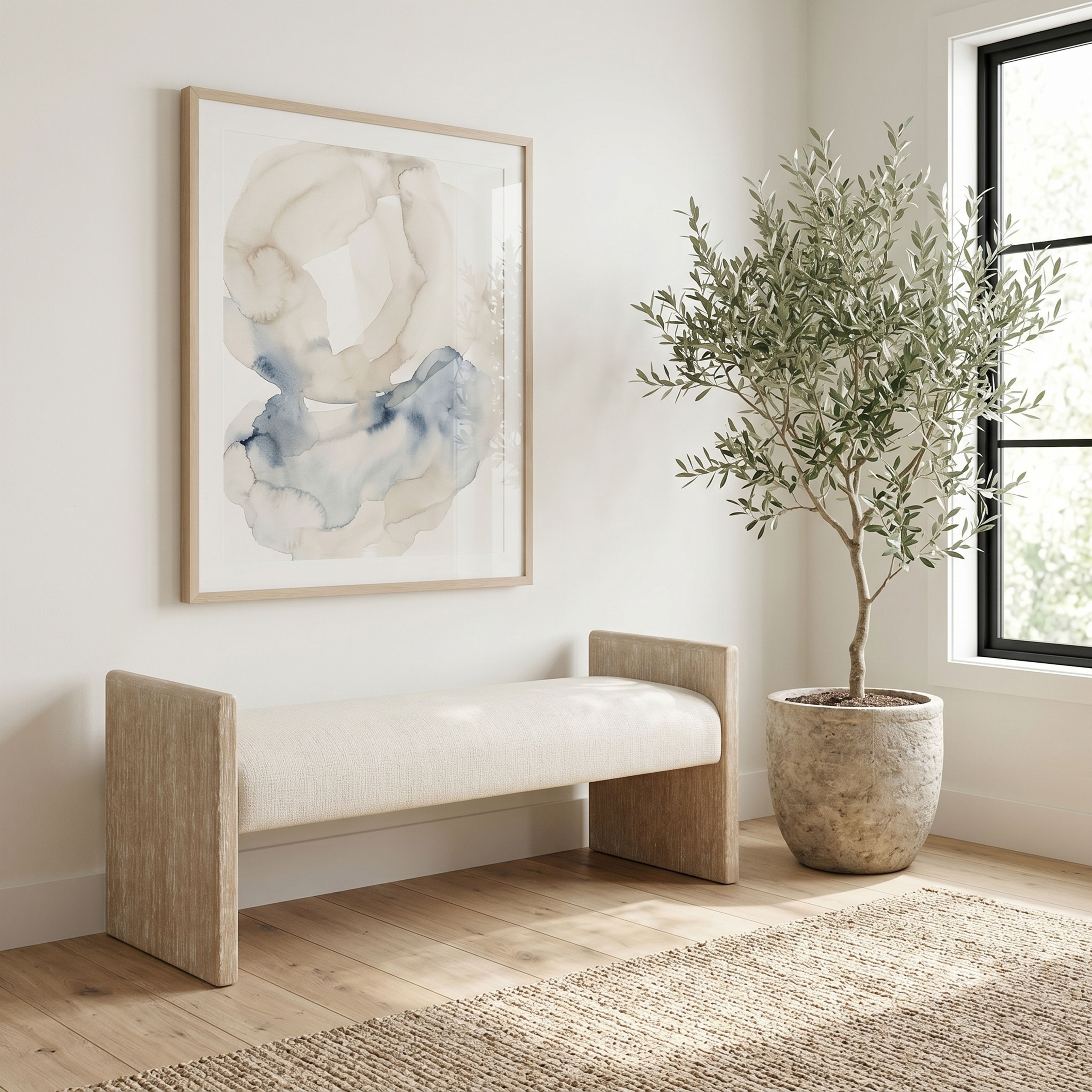 Hickory - Fabric Upholstered Bench - Cream / Natural