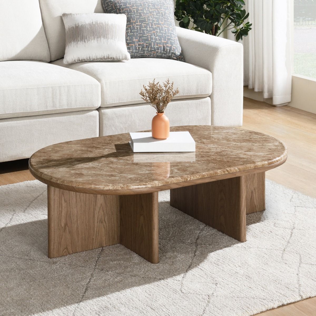 Markku - Coffee Table With Natural Marble - Oak, dark brown