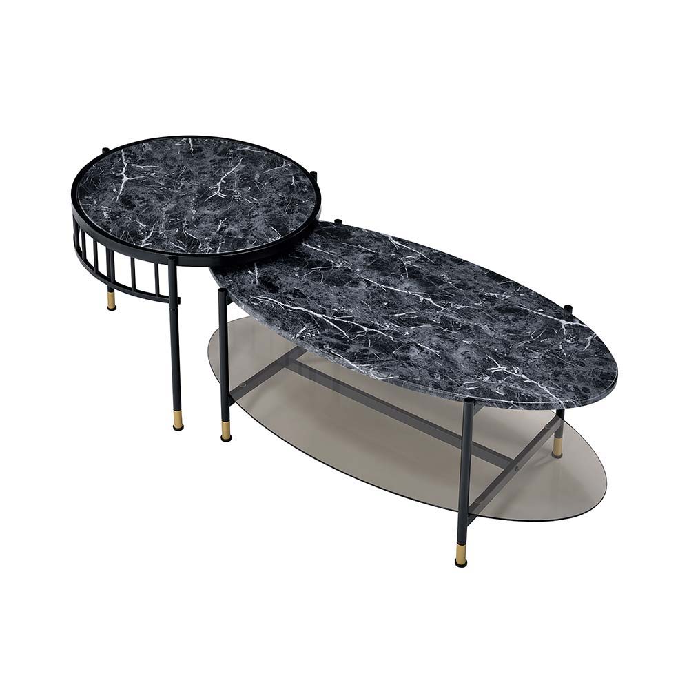 Silas - Nesting Coffee Table Set - Faux Marble Top & Black, black, view 5