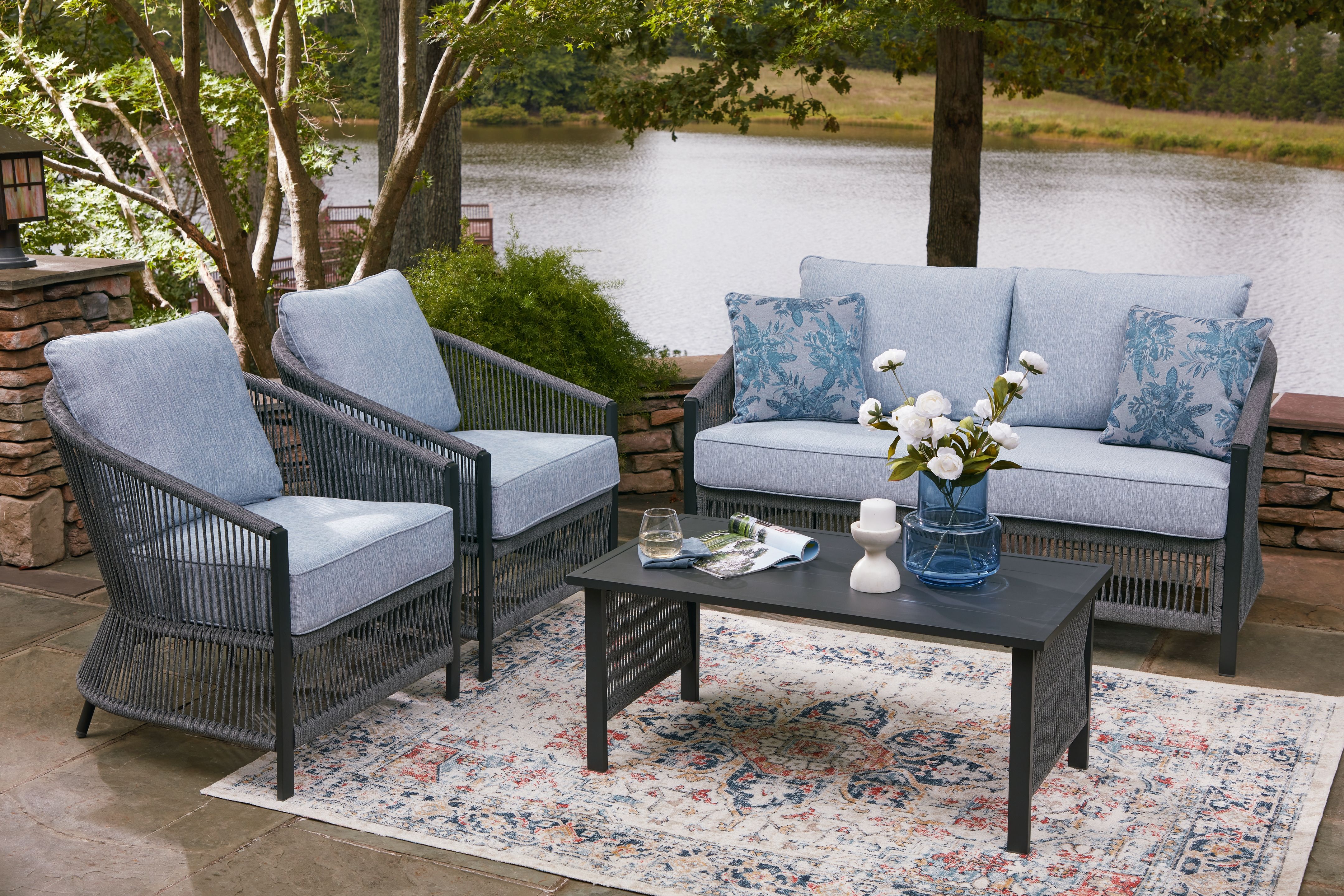 Ashley Furniture Bridges Beach - Loveseat, Lounge Chairs, Table Set (Set of 4) - Gray - Image 5
