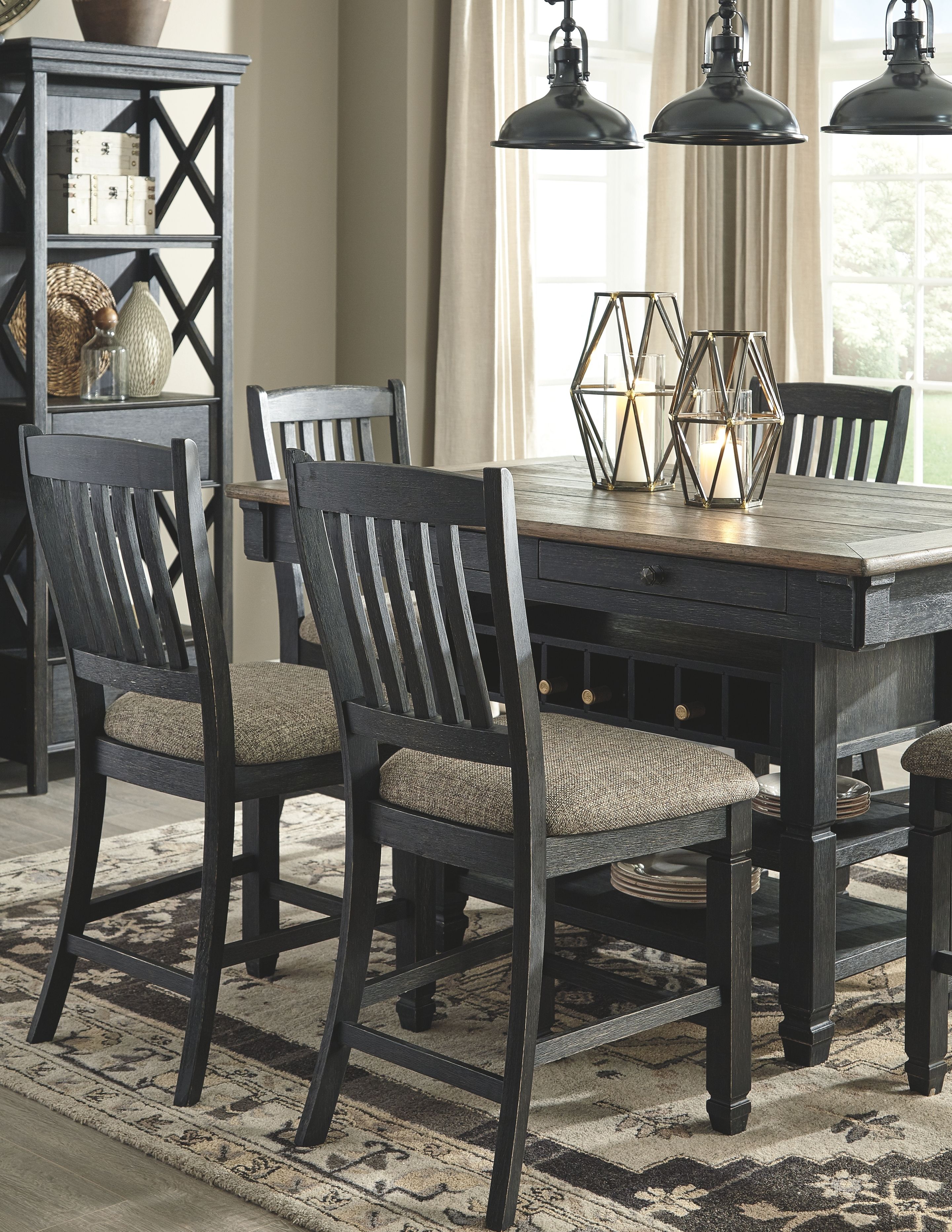 Tyler Creek - 9 Pc. - Counter Table, 6 Barstools, 2 Cabinets - Dark Gray