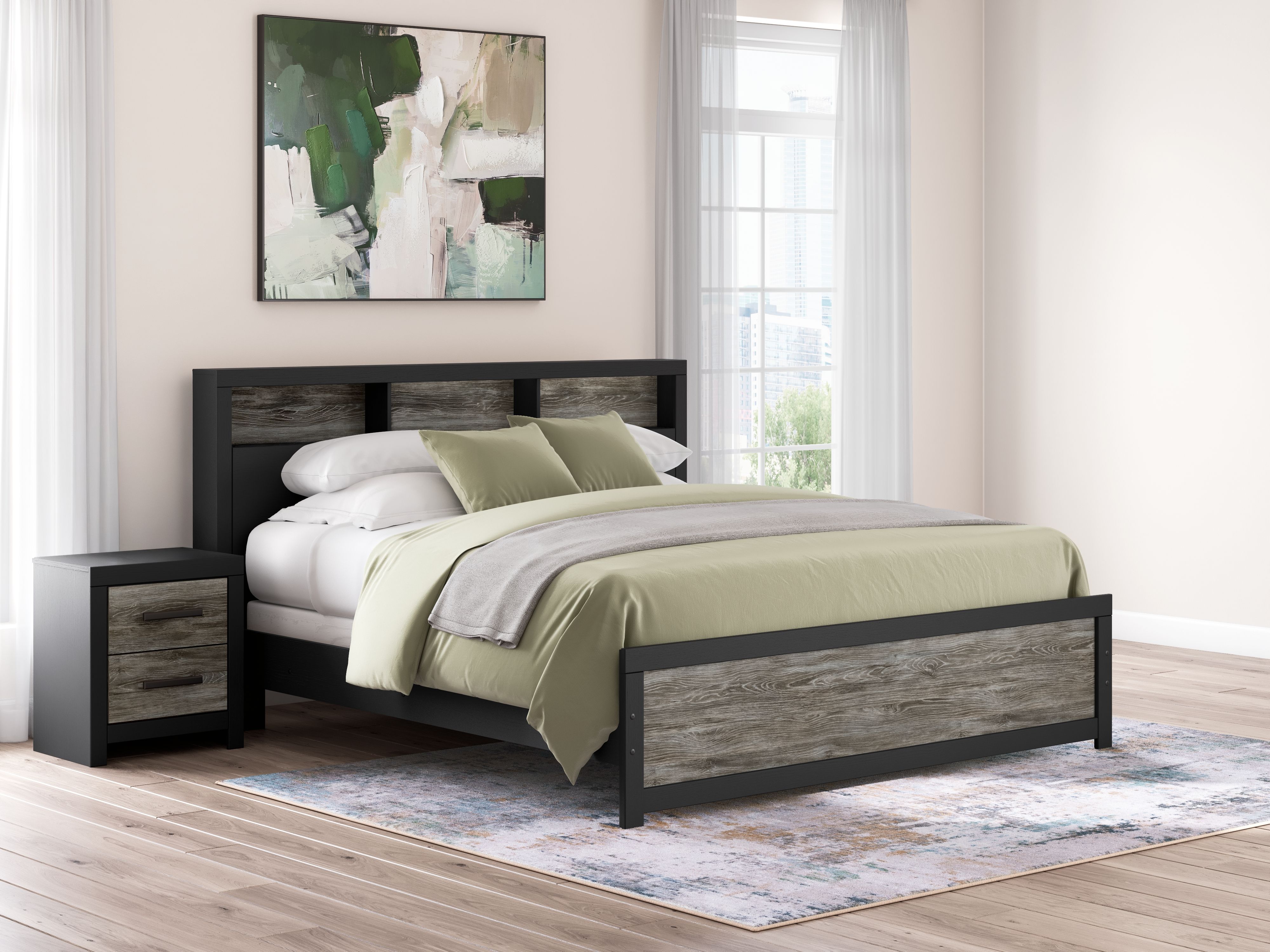 Broachmyn - King Lighted Bookcase Panel Bed - Black / Gray