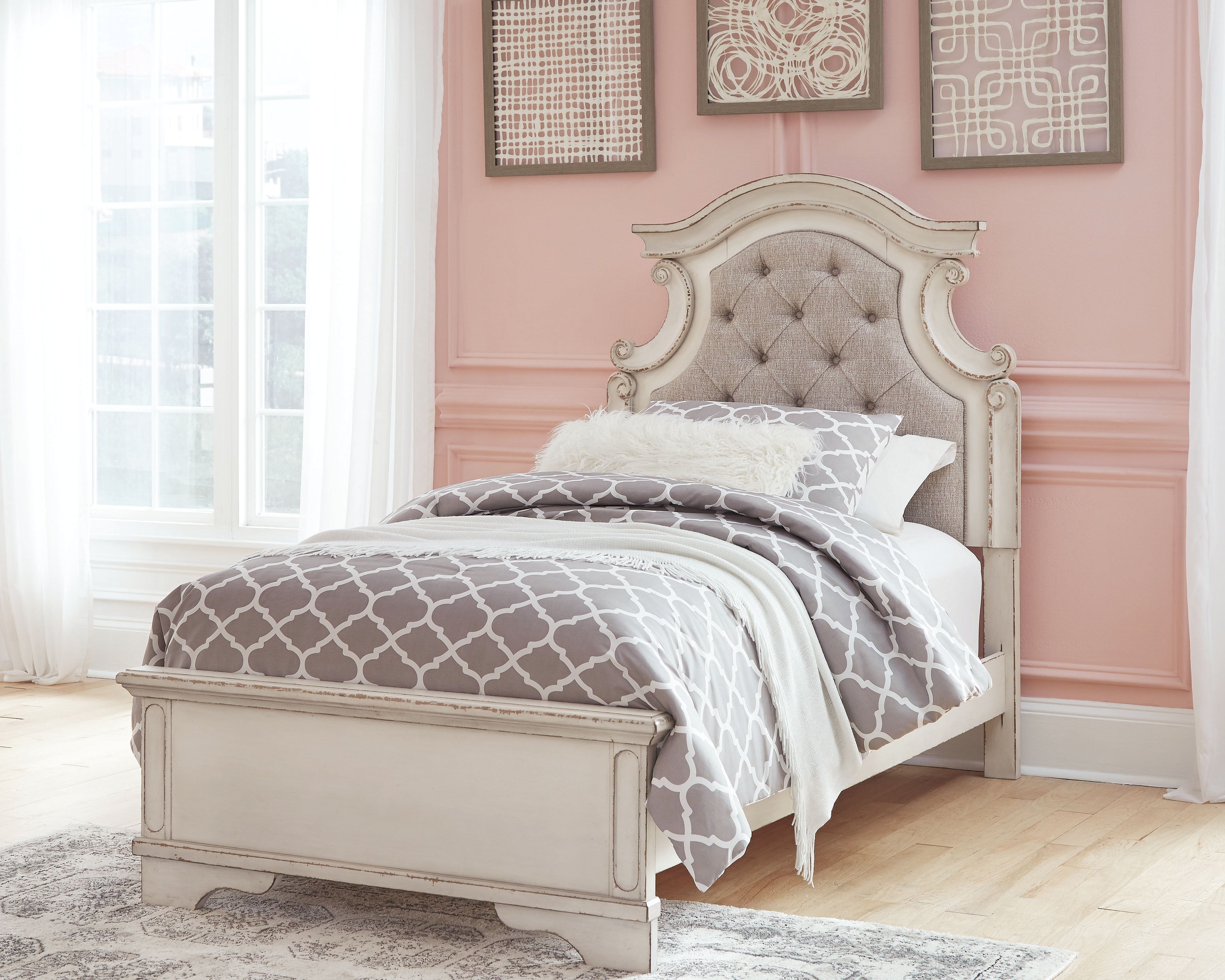 Realyn - Twin Upholstered Panel Bed - Chipped White