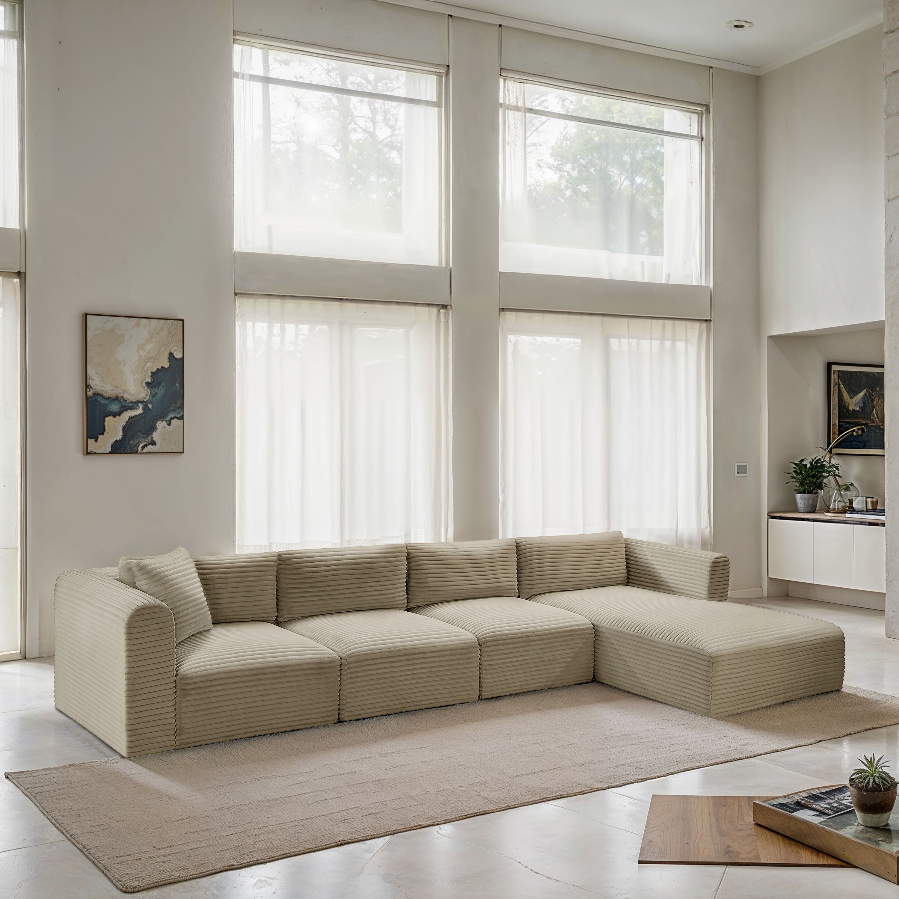 Shaggy - 4 Piece Modular Sectional With Chaise - Cream