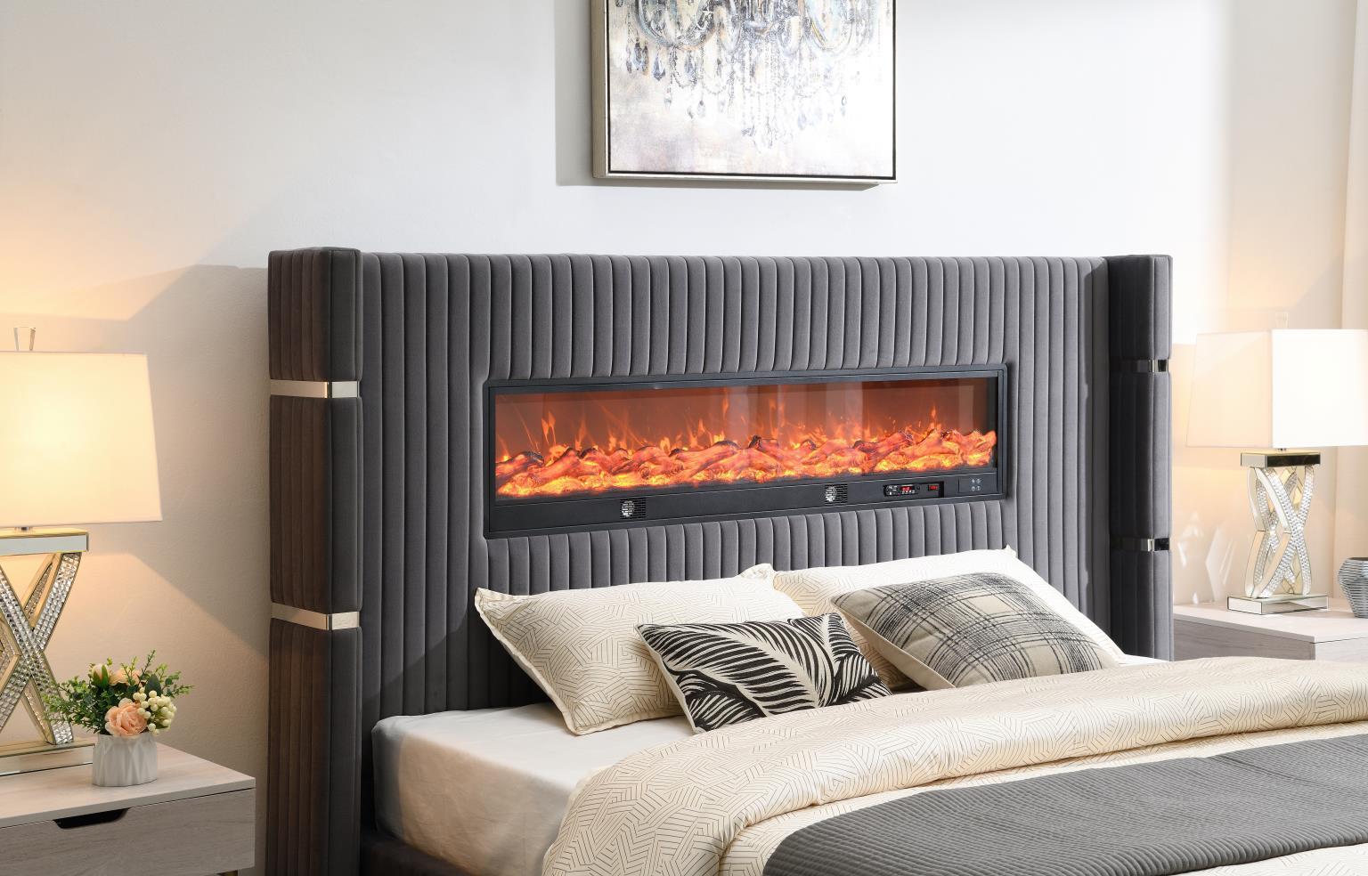 B544 - Velvet Queen Bed With Fireplace & Bluetooth Speaker & USB - Gray