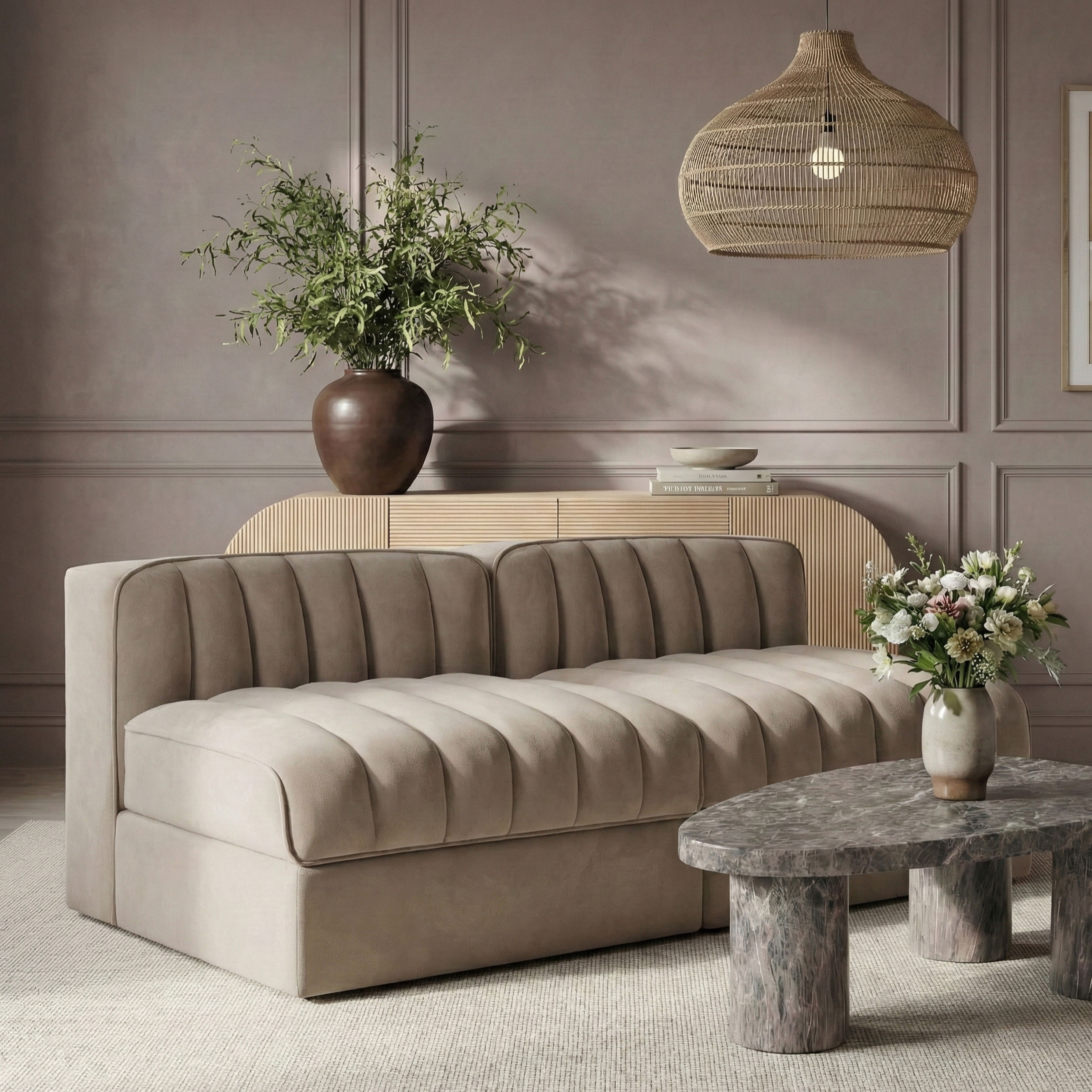 Rummi - Velvet Performance Fabric Upholstered 2 Piece Modular Armless Loveseat - Beige