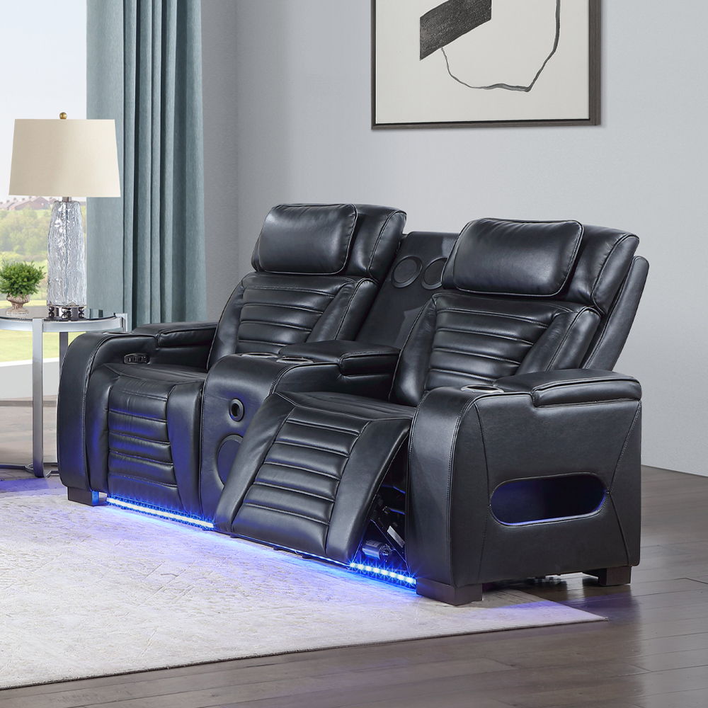 Ephron - Power Motion Loveseat With Console, Power Headrests, LED & Speakers - Black, black