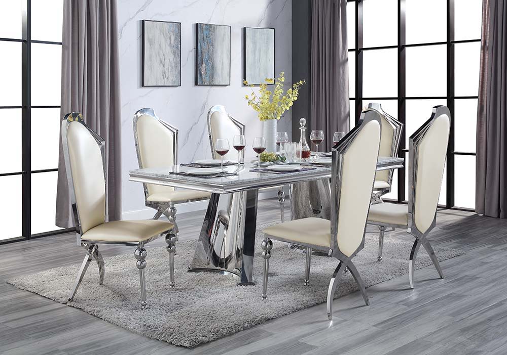Destry - Dining Table With Engineering Stone Top & Pedestal Base - Engineering Stone Top & Mirrored Silver, silver, view 2