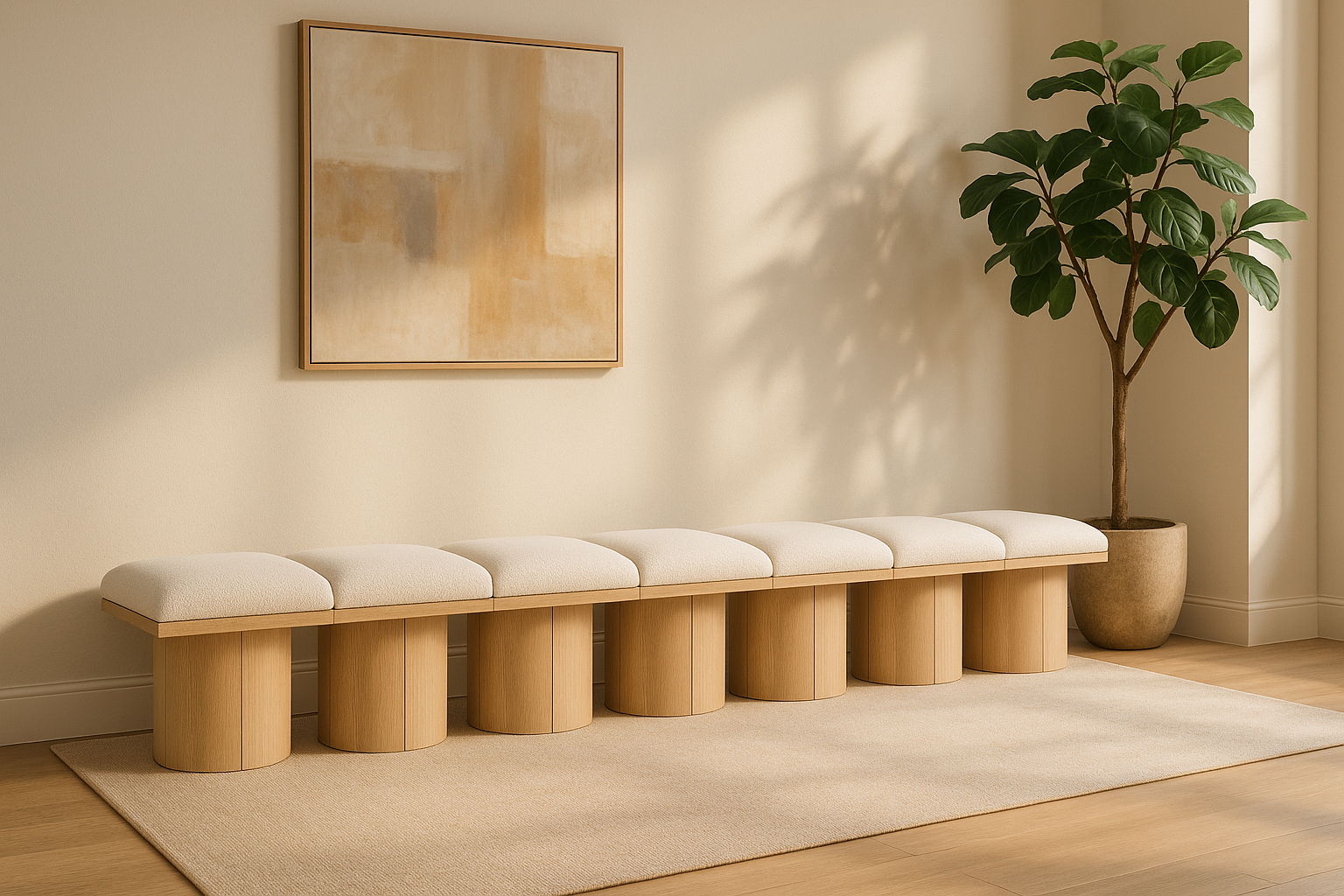 Pavilion - 126" 7 Piece Modular Bench With Natural Base - Cream