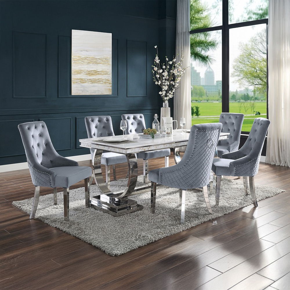 Zander - Dining Table - White Printed Faux Marble Top & Mirrored Silver, white, view 8