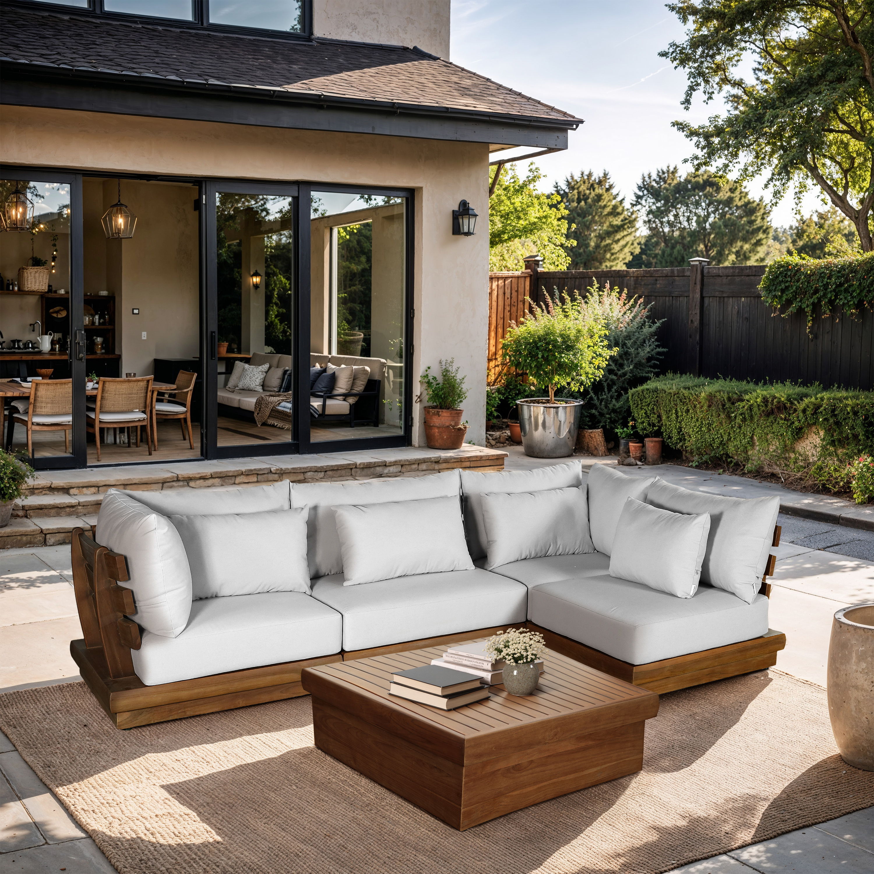 Mirella - 4 Piece Water Resistant Fabric Upholstered Outdoor Patio Modular Sectional - Off-White